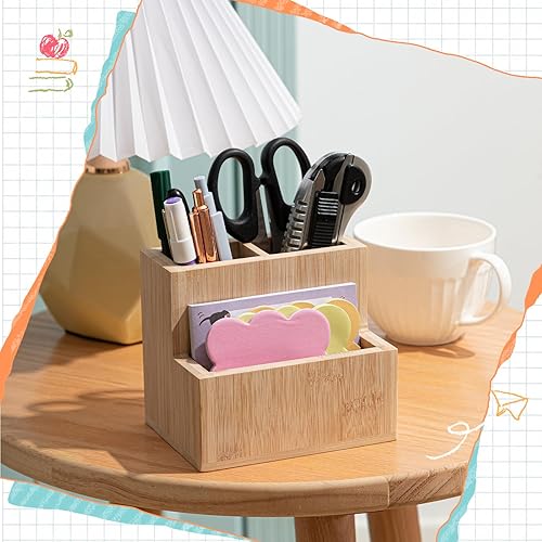 Miniatura 4 de Maitys Soporte para bolígrafo de madera de bambú para escritorio, organizador de control remoto con 3 compartimentos, accesorios de escritorio