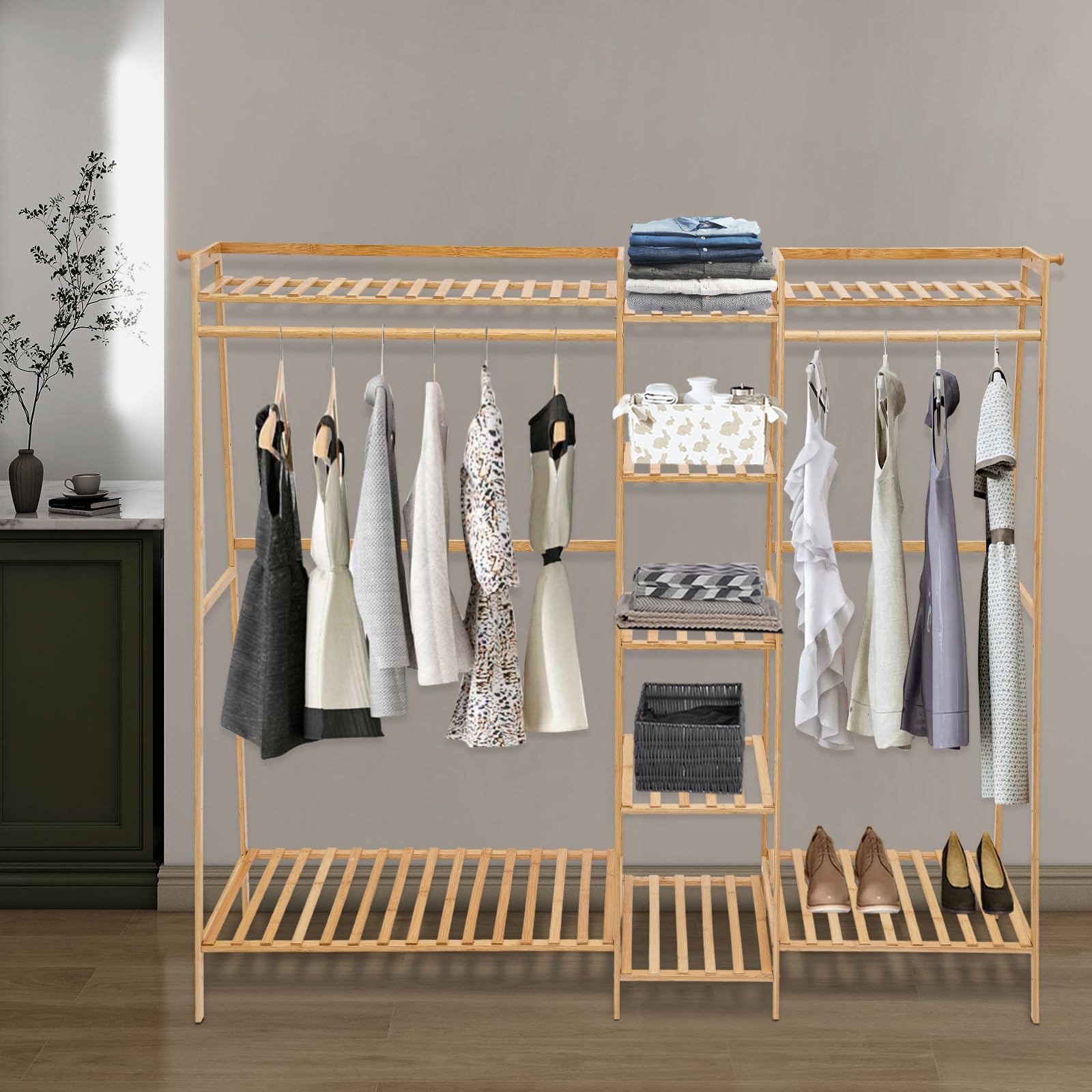 Appendiabiti espandibile con ripiani, 4 appendiabiti, 9 ripiani, per lavanderia, balconi, camere da letto e negozi di abbigliamento (160 × 40 × 140 cm)