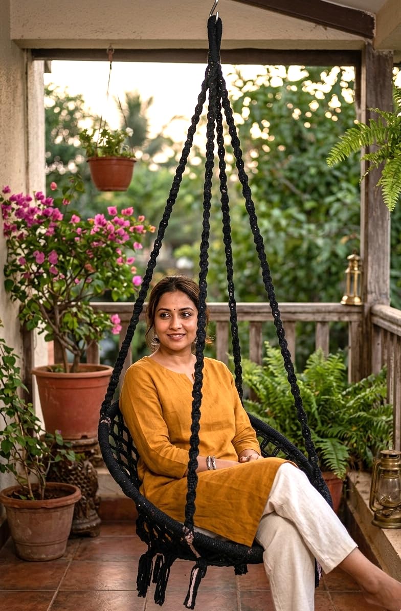 Patiofy Swing For Adults For Home/Swing For Adults/Jhula For Adults/Wooden Swing For Living Room/Swing For Balcony/Cotton Round Hammock Hanging Swing Chair With Hanging Kit Black, 66 Cm, 45 Cm, 148 Cm-image-41
