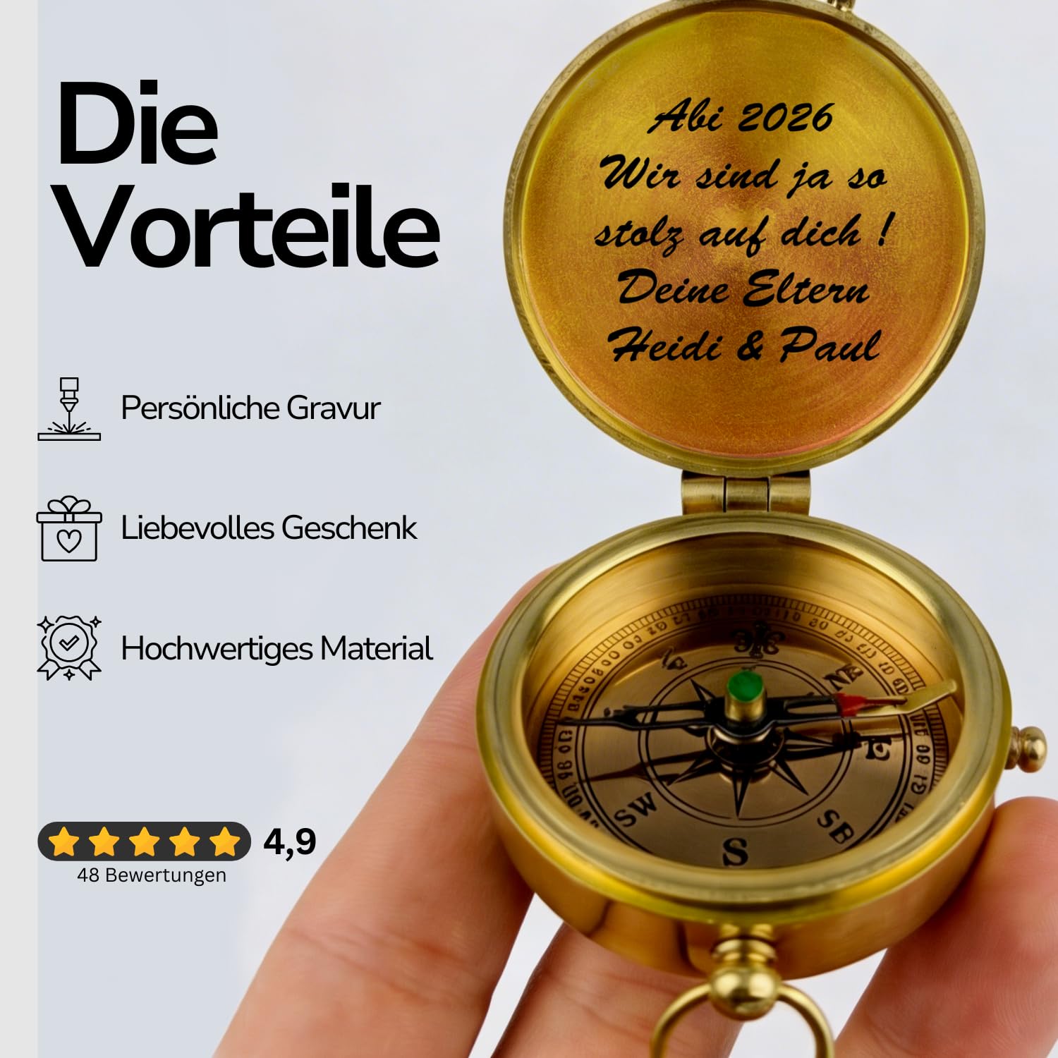 Personalisierter Messing Kompass zum Abitur – 9 Designs zur Auswahl – Wunschgravur auf Innenseite – In Poliert oder Vintage-Optik Schulabschluss Abi 2026