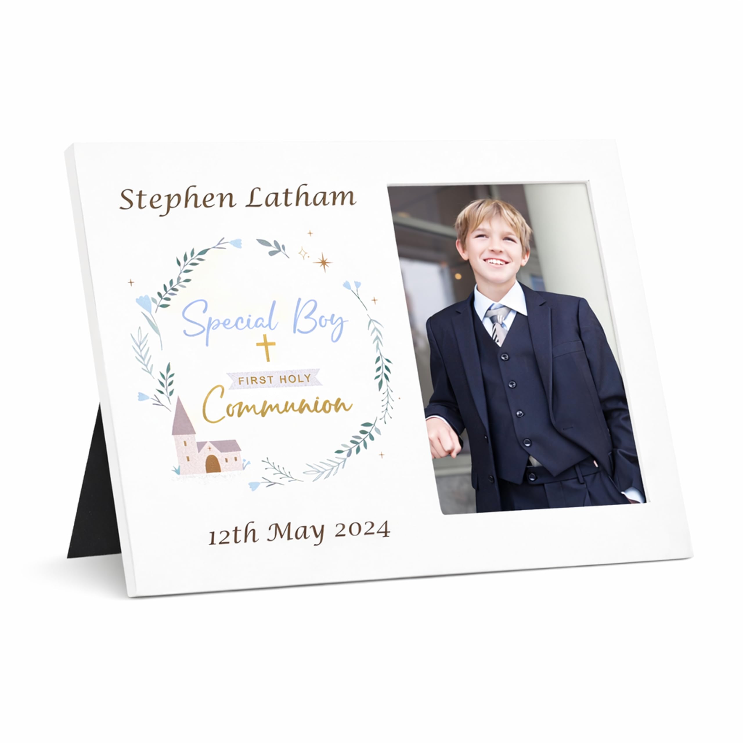 De Walden Boy’s 1st Holy Communion Personalised White Wooden 6x4 Photo Frame First Communion Gift for a Boy