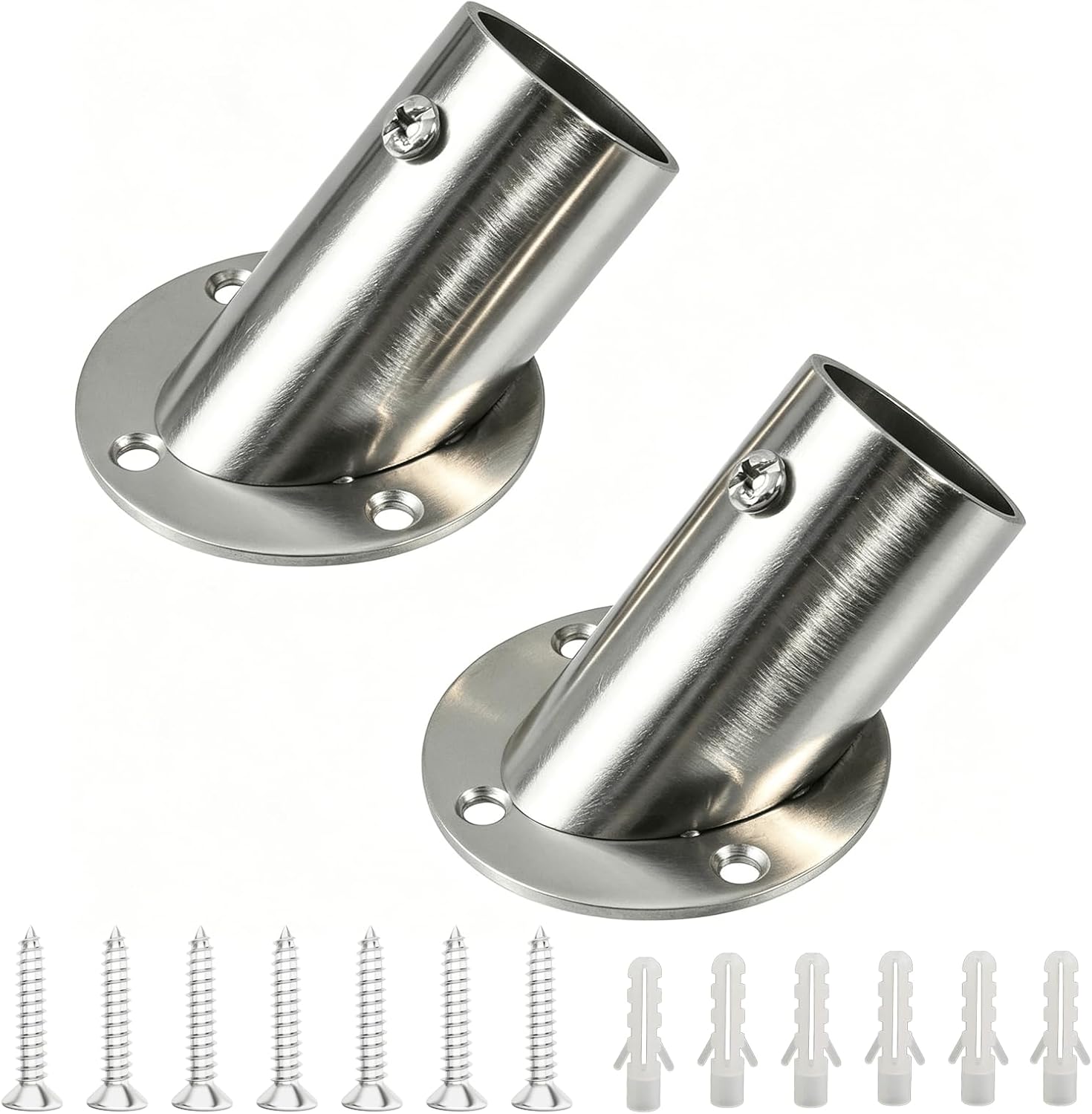 2 PCS Stainless Steel Closet Rod Socket Brackets, 90 Degrees Angle Bevel Flange Seat, 5.7" Stable Wall Mount Support for Clothes Hanging Bars, Bathroom Towel Rods