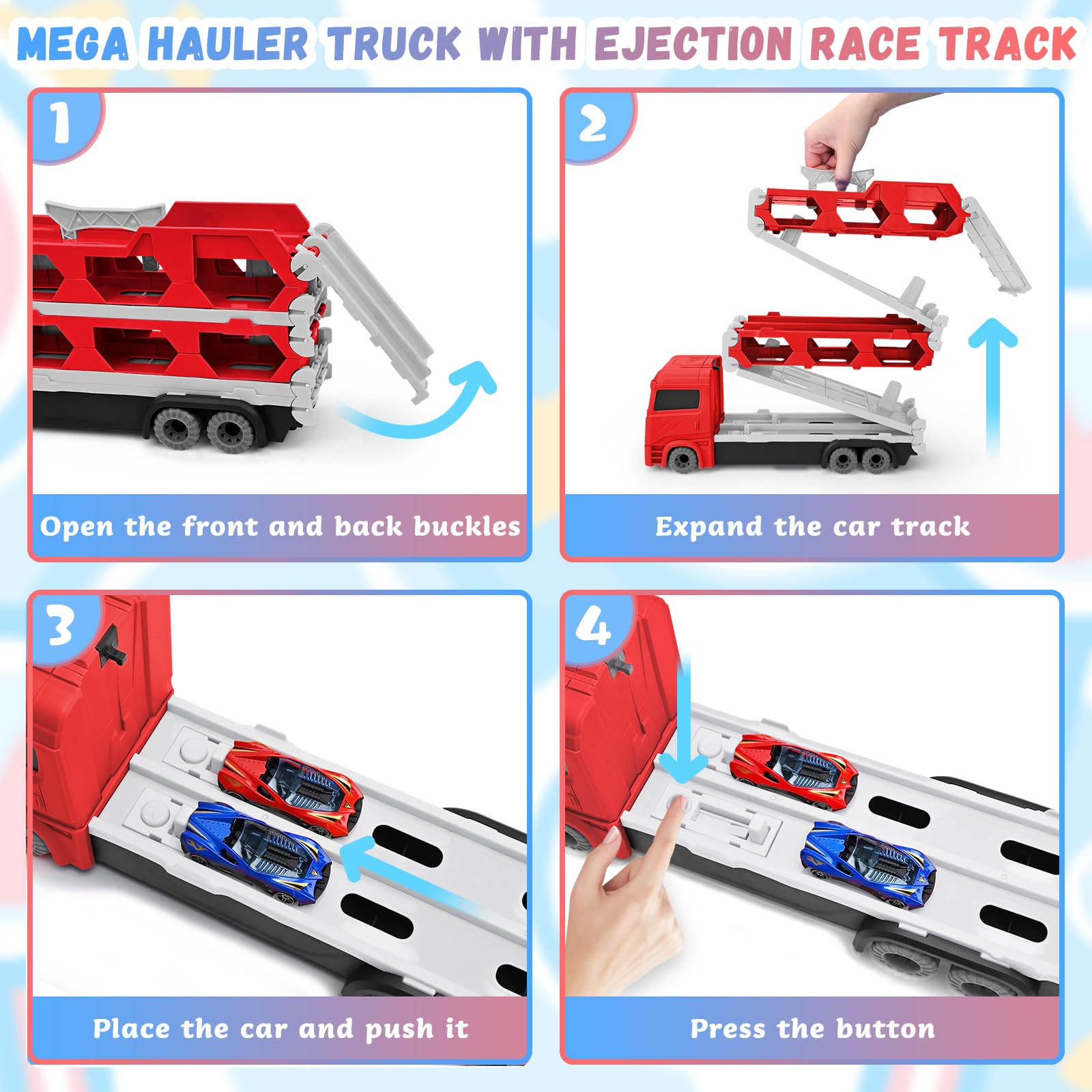 Cugybue Camion Giocattolo per Bambini,Auto Giocattolo Pista Portatile con 12 Auto da Corsa,Camion Macchinine per Bambini Set Giocattolo Veicolo di Trasporto,Rosso