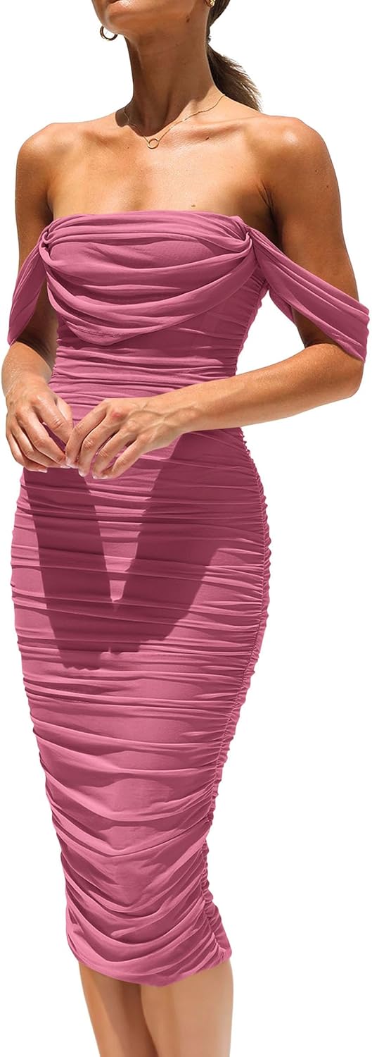 PRETTYGARDEN Summer Wedding Guest Dresses for Women 2026 Off the Shoulder Ruched Bodycon Spring Midi Cocktail Party Dress