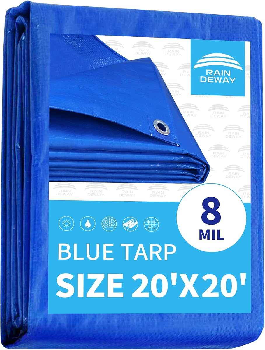 RAINDEWAY 8 Mil Thick, 20x20 Feet Large Tarps，UV Resistant, Multipurpose Waterproof Poly Tarp Cover with Metal Grommets and Reinforced Edges, Durable Blue Tarp