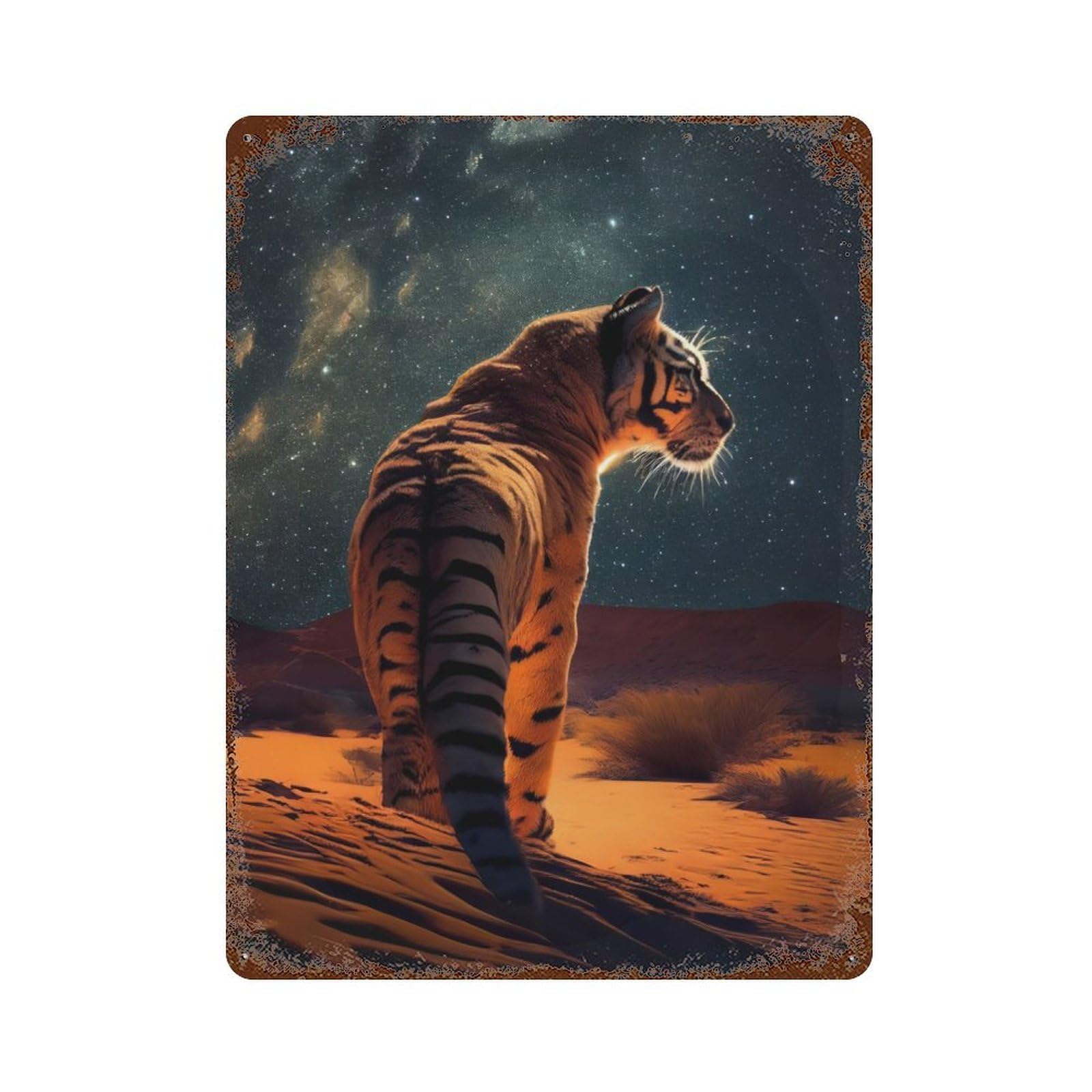 Vintage Rust Metal Sign with Tiger Under The Stars Design 15.7"x11.8", for Garage, Bar And Workshop Decor, Retro Wall Decor