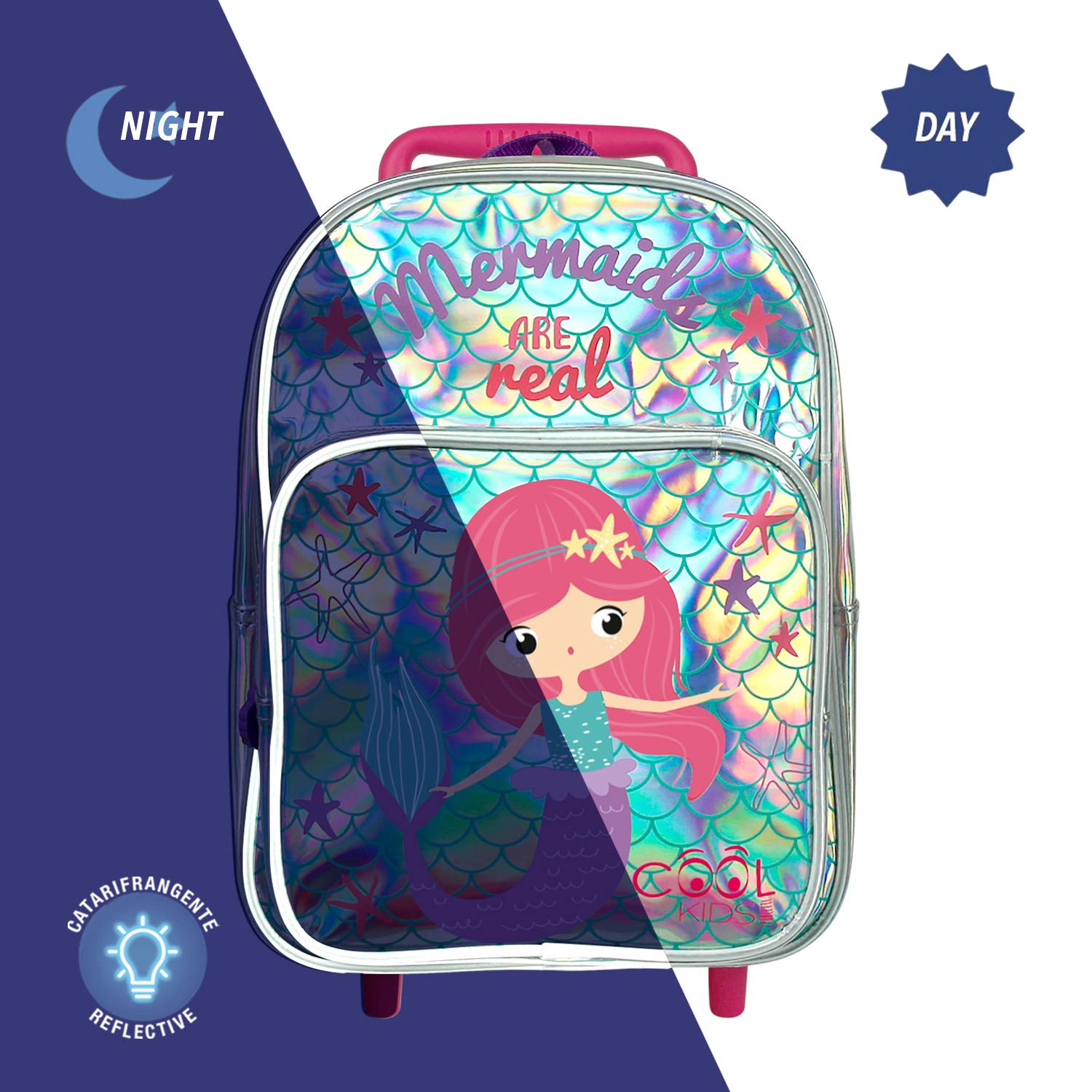 PERLETTI Petit Sac à Dos Roulette Sirène pour Fillette 2/5 Ans - avec Roues Amovibles - pour École Maternelle avec Grande Poche - 36x26x15 cm, Argent