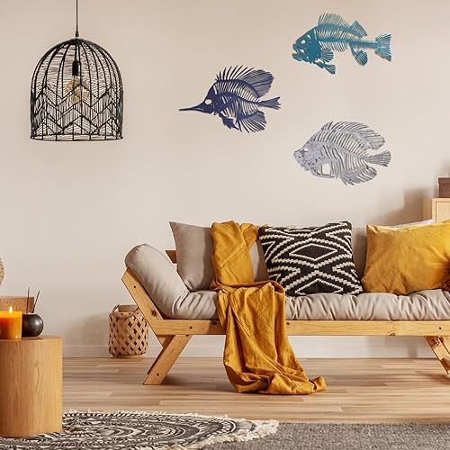 Miniatura 4 de Zhengmy 3 piezas de arte de pared de metal para colgar huesos de pescado de metal, decoración de pared rústica, estilo náutico, decoración artística