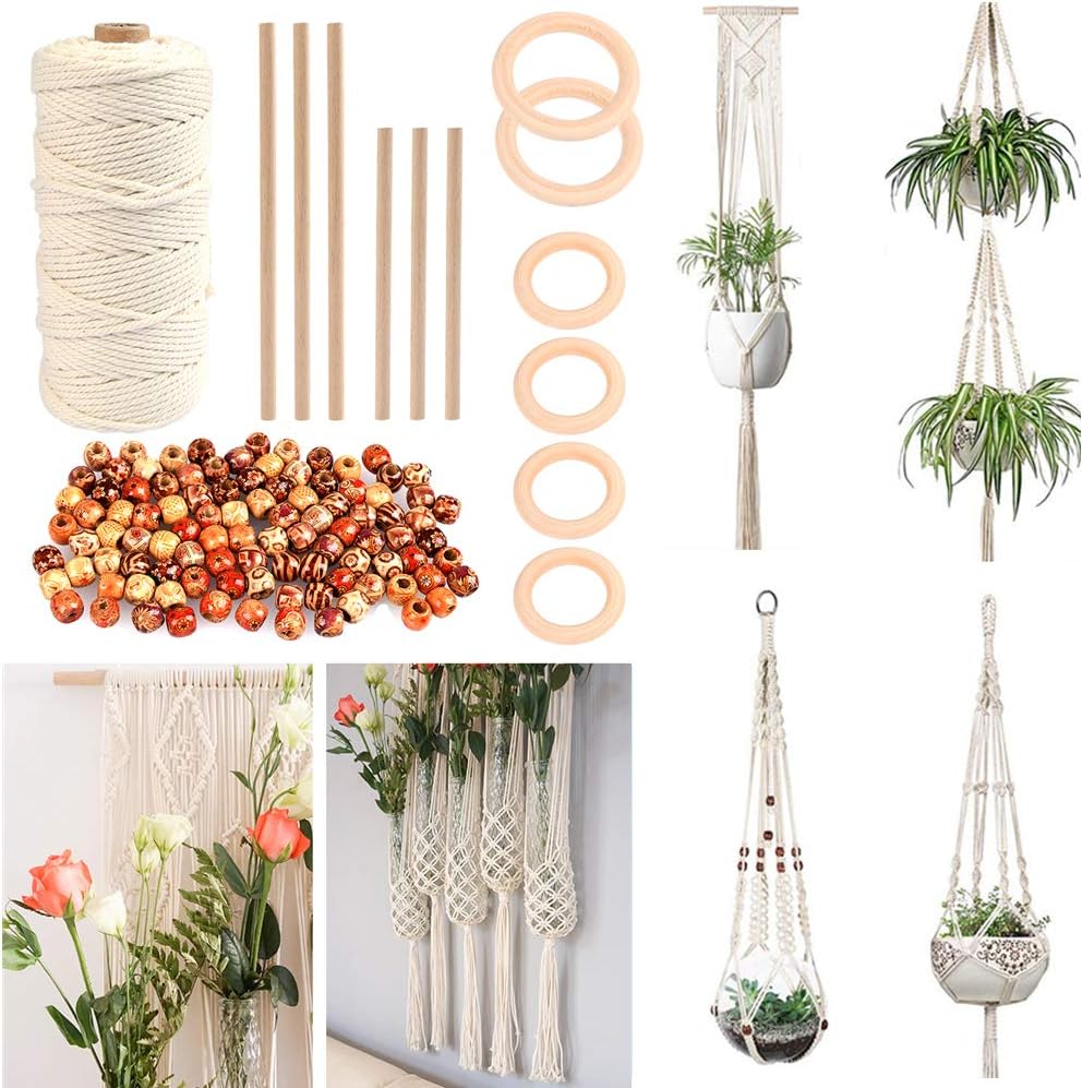 WOWOSS Natural Cotton Rope 100 m with Wooden Beans 100 Pieces and 6 Pieces of Wooden Rings, Macrame Rope for Crafts or Knitting Fabric