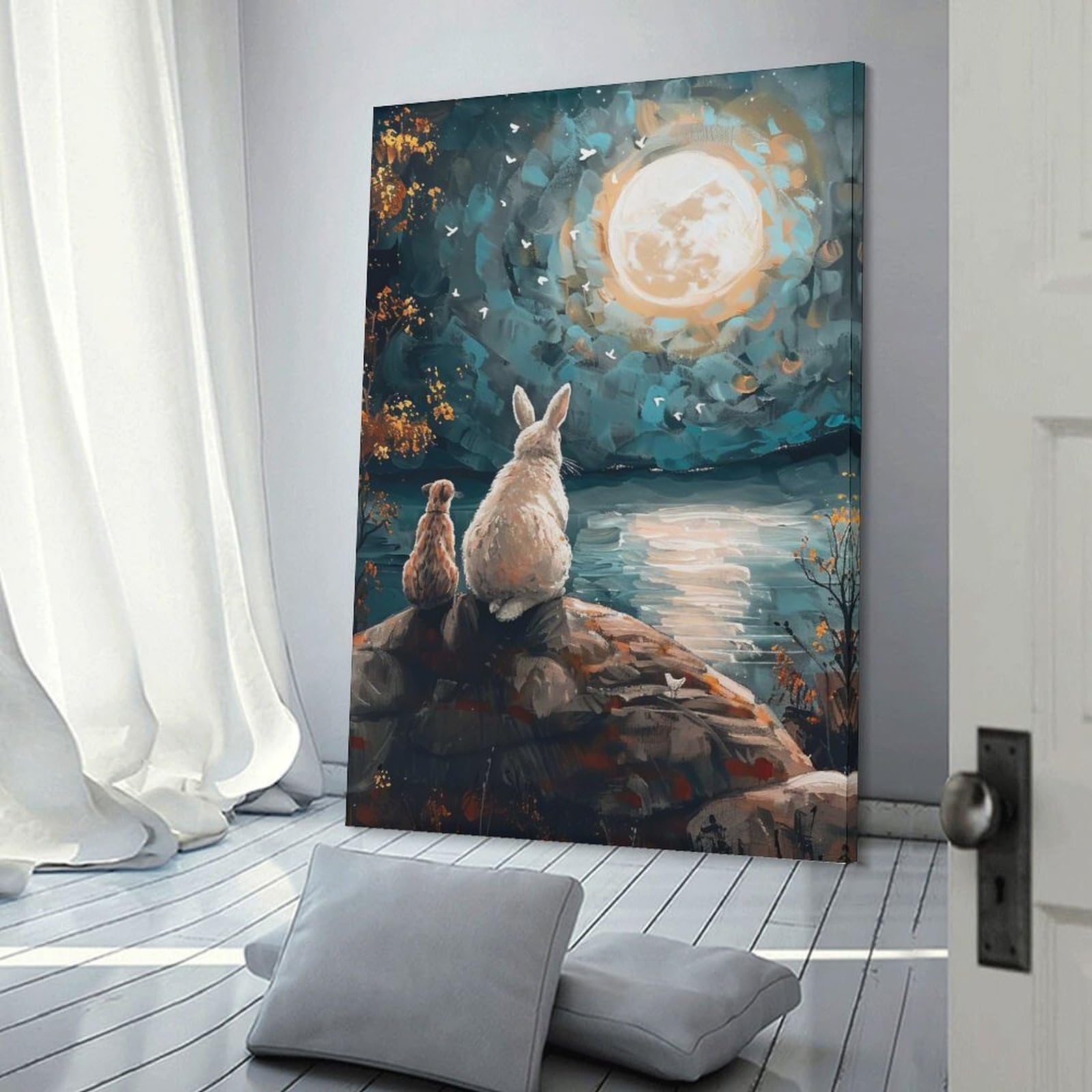 Junmoney Frame-Style-24 Rabbit And Cat Under Full Moon Canvas Art Print 12X18inch(30X45cm), For Gallery Wall Layouts In Home Or Office, Decorative Artwork With Flexible Styling