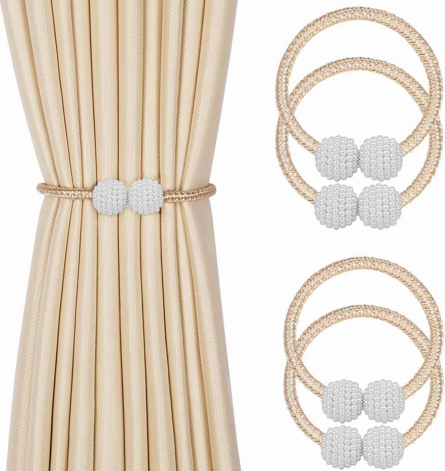 INOVERA (LABEL) 4 Pieces Magnetic Curtain Tiebacks - Decorative Windows Curtain Tie Rope - Drapery Holdbacks for Home, Office (Beige)