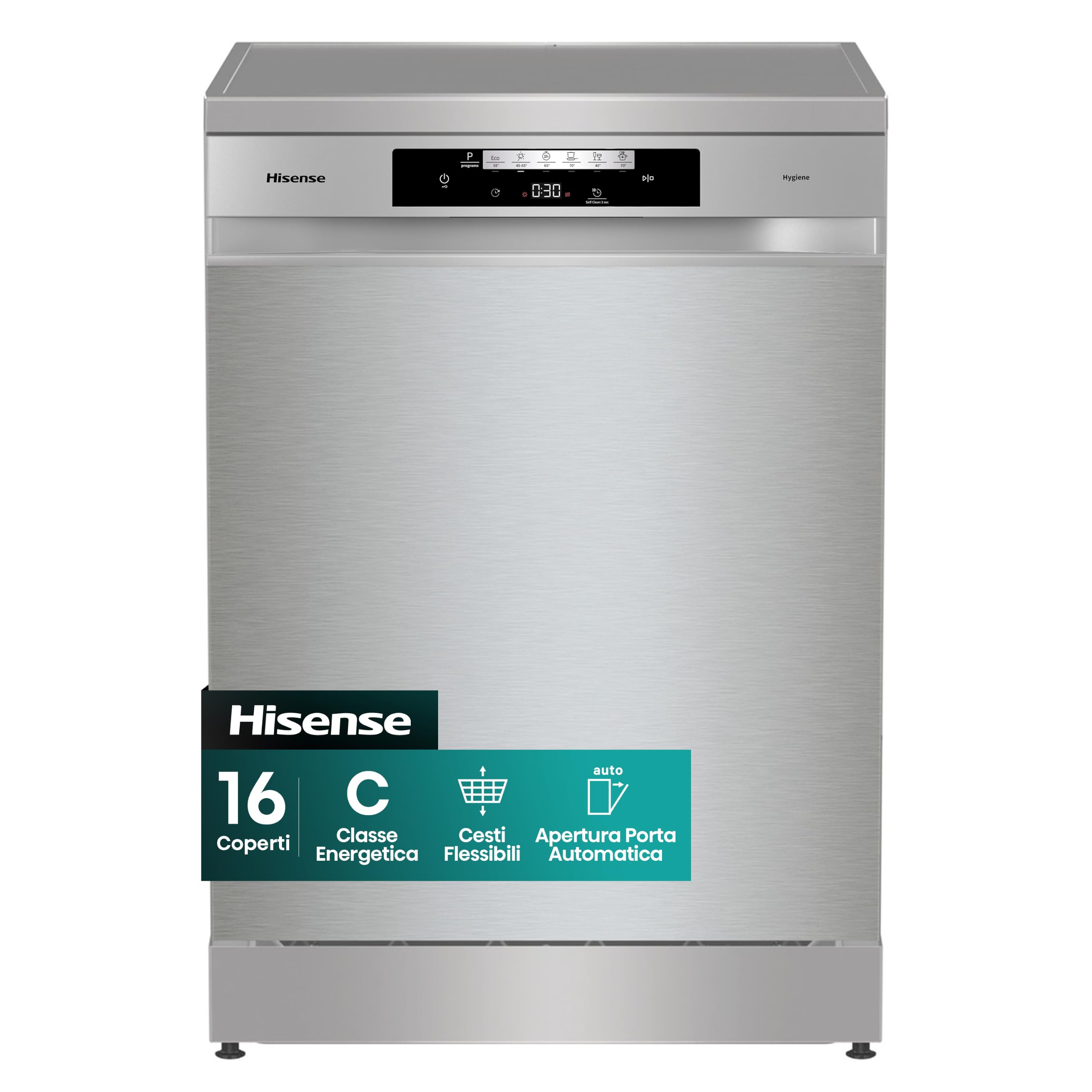 Hisense HS643C90X NUOVA Lavastoviglie da Incasso, 16 Coperti, 9,9 Litri, 6 Programmi, Terzo Cesto, Total Dry, Total AcquaStop, Motore asincrono, Partenza Ritardata, 44 dB, Classe C, Inox