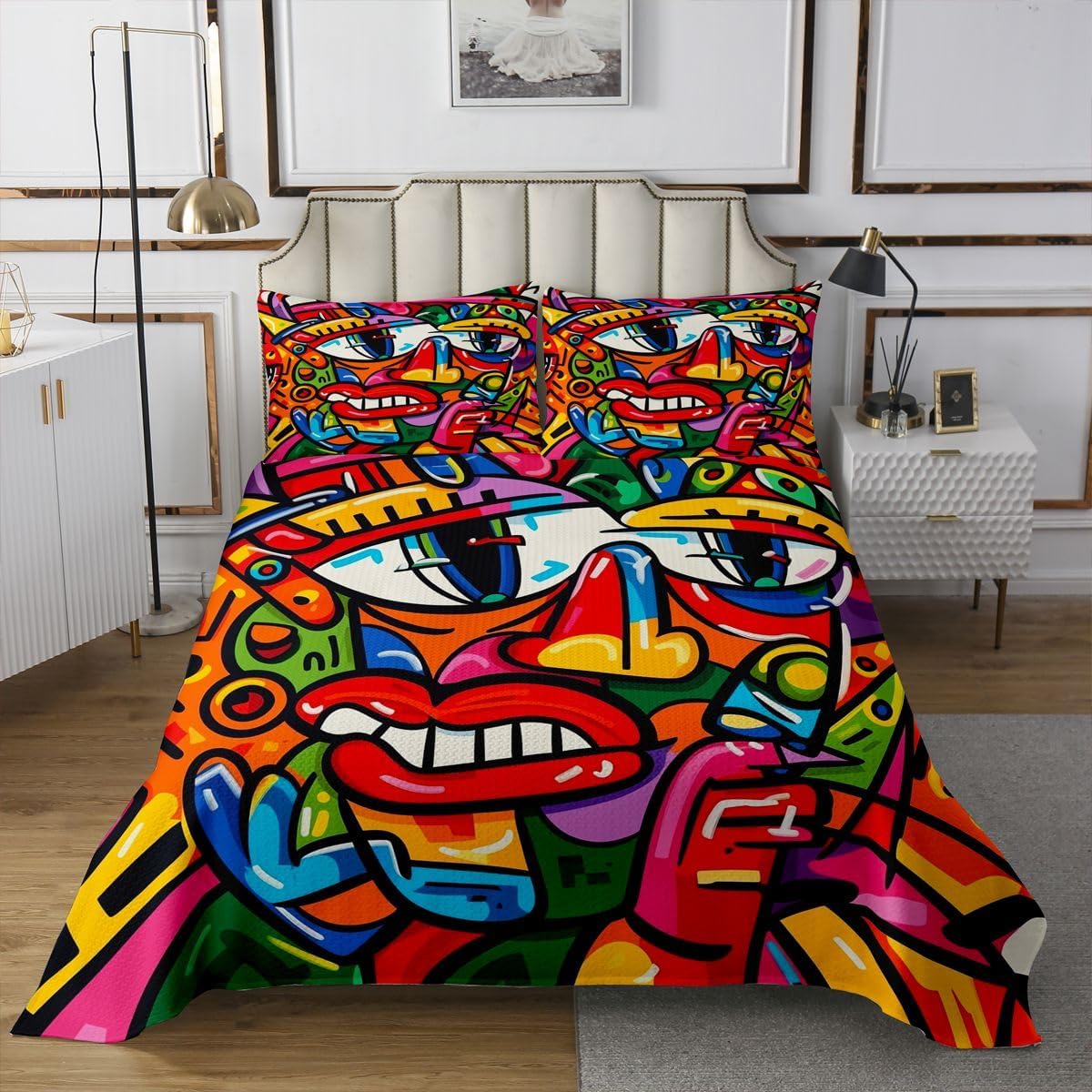 Castle Fairy Graffiti Bear Quilt Sets Queen Size,Colorful Abstract Graffiti Bedspread 3Pcs for Kids Teens Youth Room Decor,Urban Street Art Bedding Sets Hippie Pop Style Coverlet,2 Pillowcases