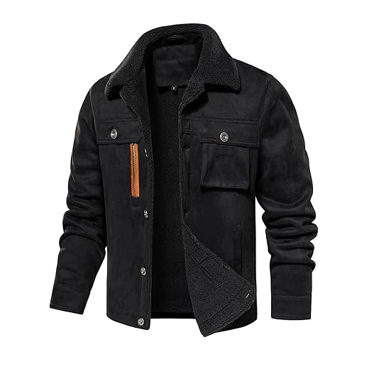 FANARCHER Jaqueta masculina casual de inverno de couro de camurça sintética, casaco quente forrado com lã, casaco virado para baixo com 5 bolsos