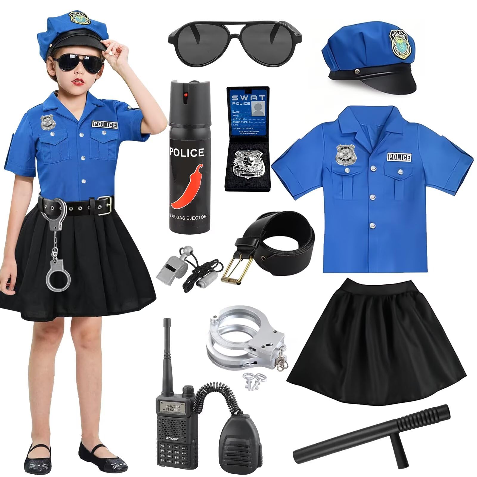 Policeman Costume Child Girl Police Costume with Walkie Talkie Whistle Handcuffs Stick Police Costume Police Costume Carnival Child for Halloween Birthday Christmas Party 5-10 Years Blue-S