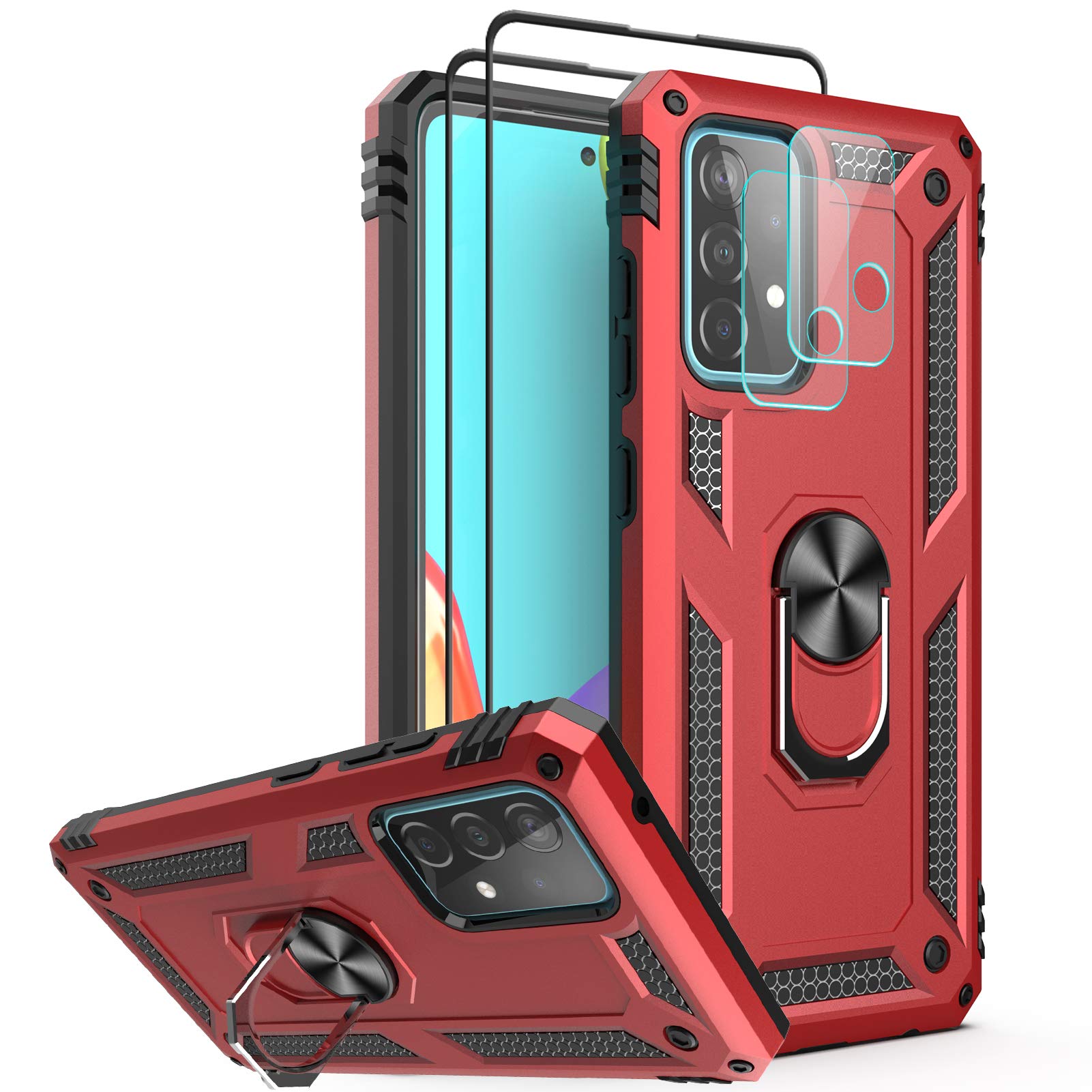 Swoders for Galaxy A52 5G with 2 Pack Tempered Glass Screen Protection and 2 Pack HD Camera Lens Protector Hybrid Armor Rotatable Kickstand Case Magnetic Support for Galaxy A52 5G - Red