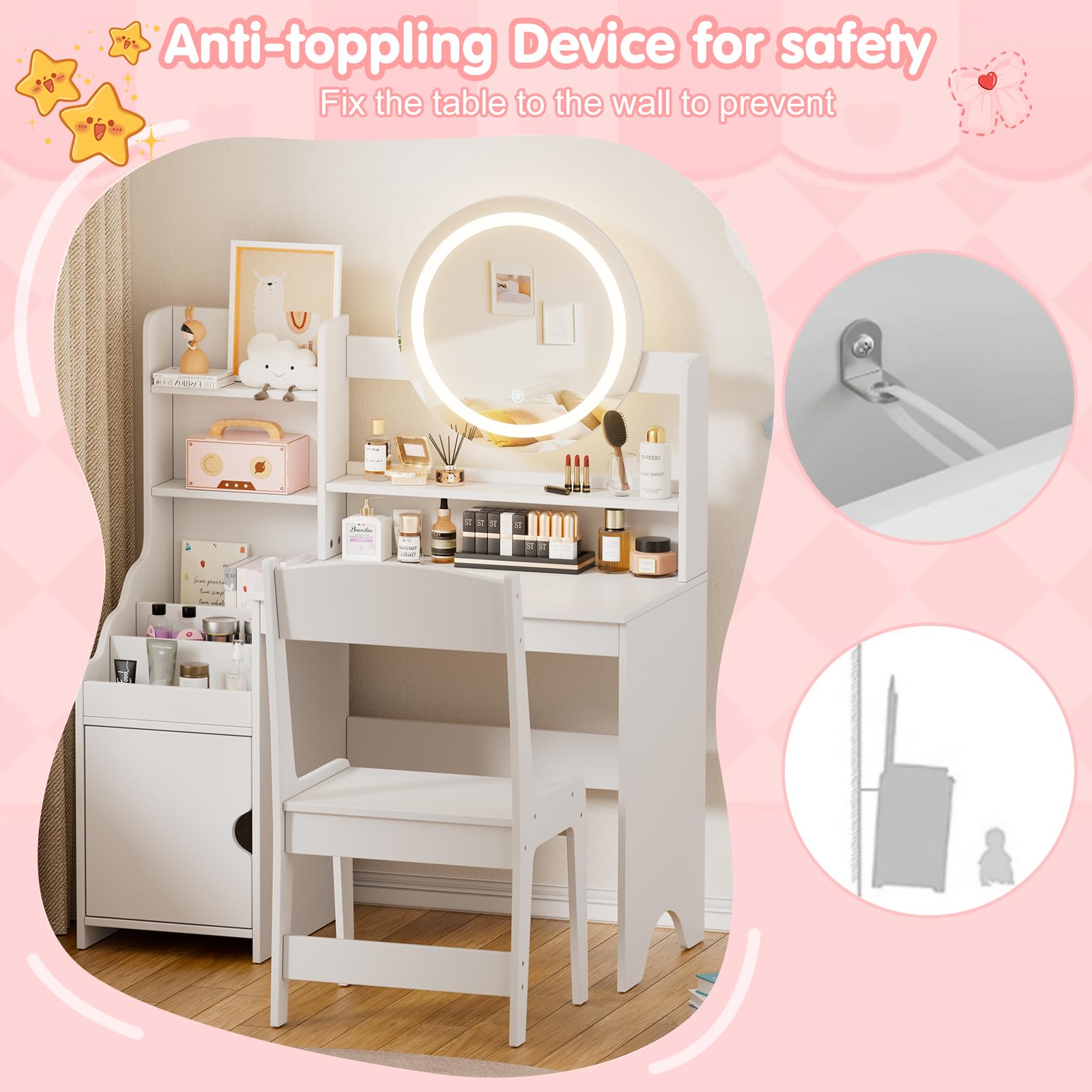 MSFE 2 in 1 Schminktisch Kinder Set, Kinderschminktisch Prinzessin Frisiertisch mit Hocker, LED-Spiegel & Stauraum Schrank, Frisierkommode Mädchen Holz ab 5 mit offenen Fächern (Weiß)
