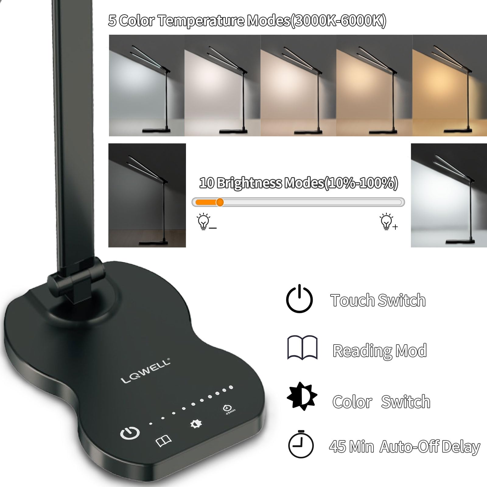 LQWELL® Lampe de bureau LED à intensité variable à double extrémité, 5 couleurs et 10 luminosité, lampe de lecture sans danger pour les yeux, commande tactile et fonction mémoire, minuterie