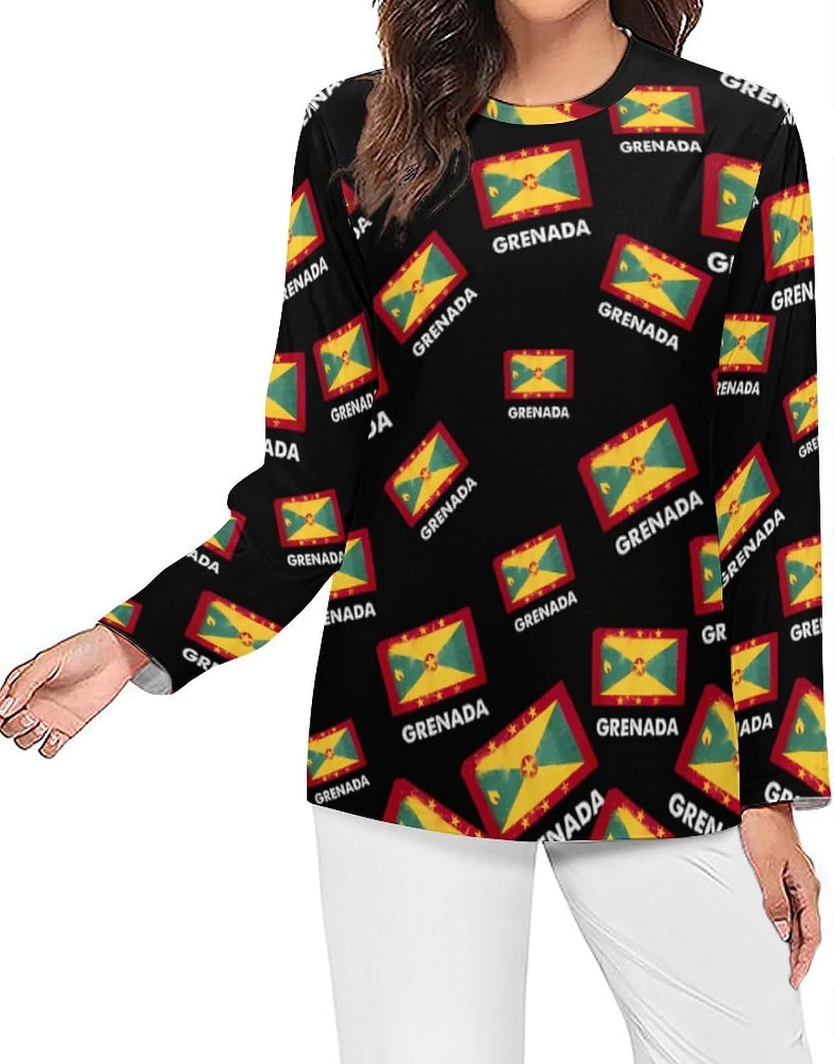 Grenada Flag Women's Pajama Top Sleepwear Pajamas Sleep T-Shirt Long Sleeve Shirt Crewneck Tee