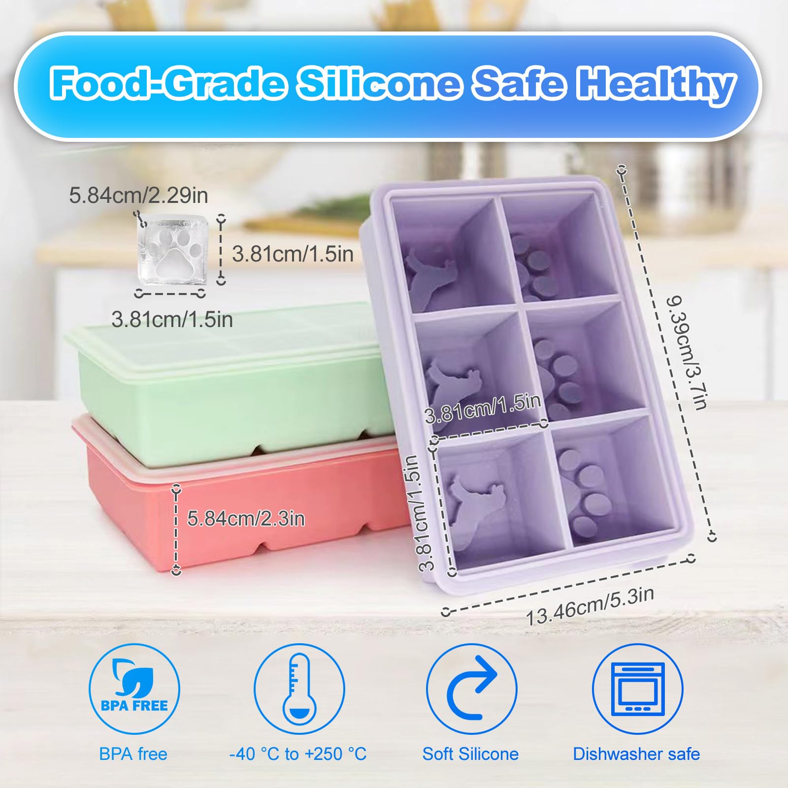 3 PCS Grande Stampo Quadrato per Cubetti di Ghiaccio Silicone con Coperchio, Vassoio Portaghiaccio Cubetti con Grafica del Cane 6 Scomparti Forme Ghiaccio Contenitore Senza BPA, Impilabile