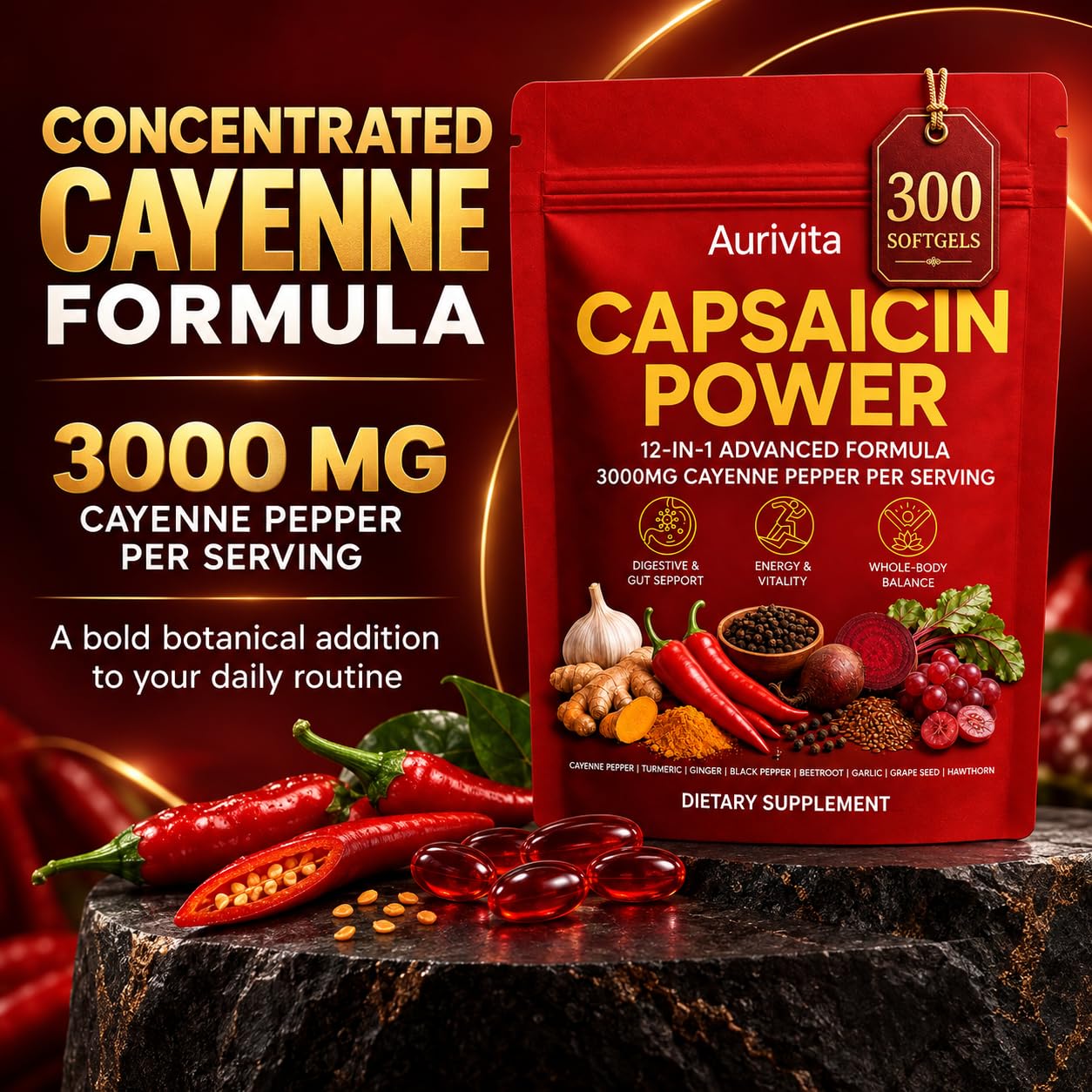 Aurivita Capsaicin Power - 300 Softgels Cayenne Pepper Supplement, with Vitamin E D3 & K2, Beetroot & Turmeric, Supports Circulation & Daily Energy — Amazon image 5