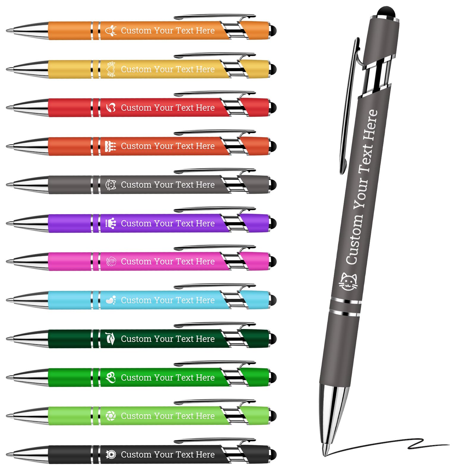 Bolígrafos Personalizados Grabados | 12 Unidades Mínimo | Texto Personalizable + Punta Táctil 2 en 1 | Cuerpo Metálico con Capa Antiarañazos | Regalo Corporativo (12 Colores, Tinta Negra)