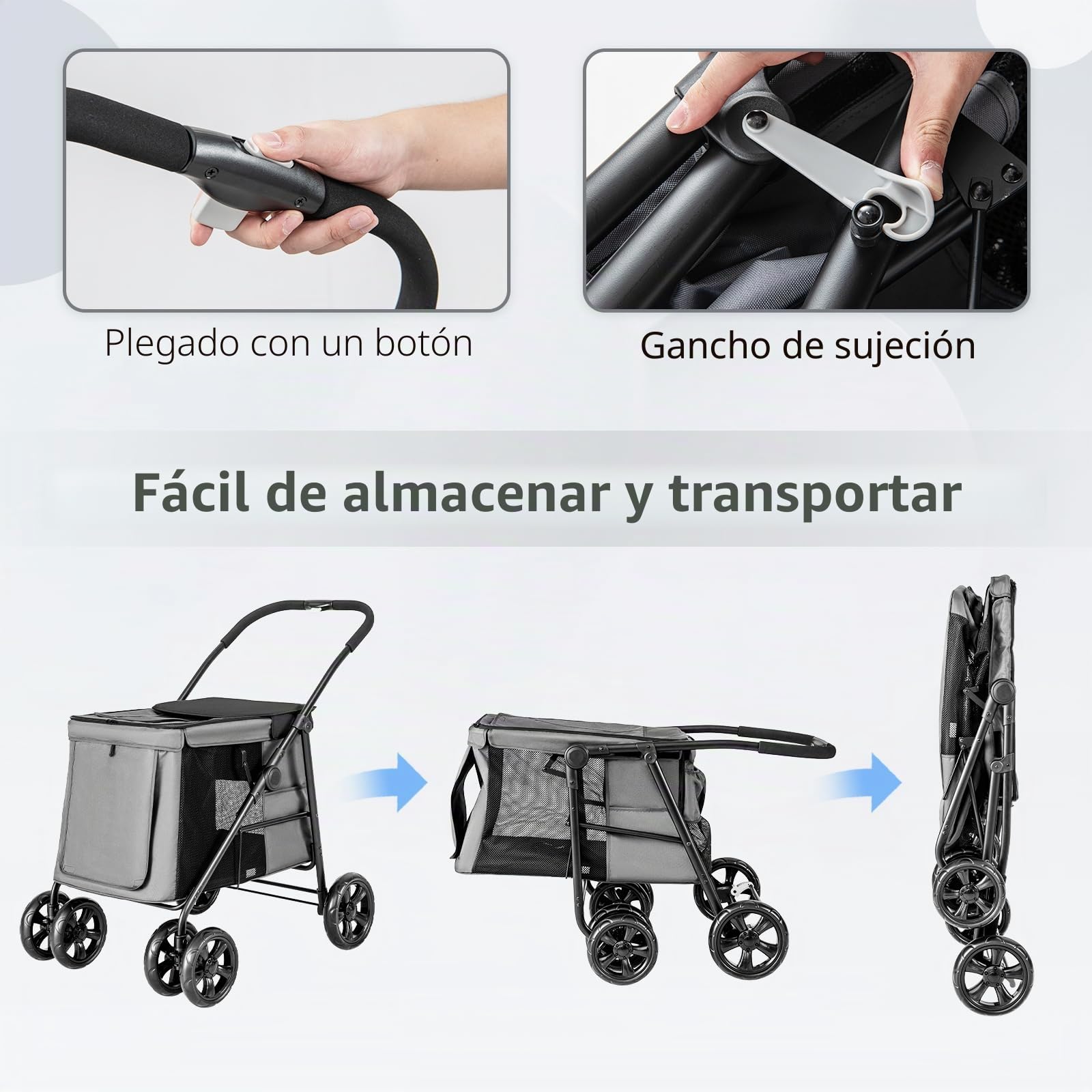 GOPLUS Cochecito para Mascotas para Perros y Gatos de Hasta 40KG, Cochecito Plegable con Cojín Suave, Ventana de Malla y 2 Entradas, Transportador para Perros con Ruedas Universales y Asa, Gris