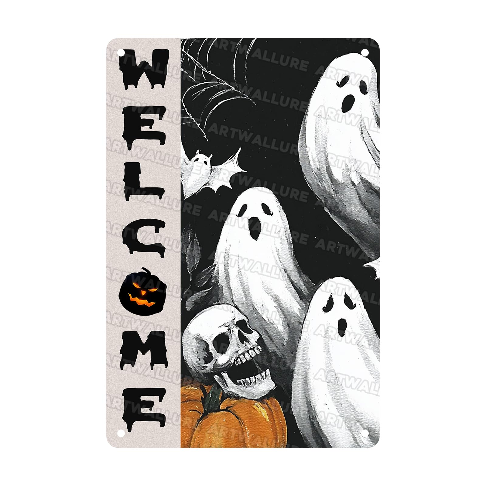 Welcome Halloween Ghost Metal Tin Sign Vintage Retro Wall Decor Rustic Metal Poster For Home Yard Outdoor 8x12inch