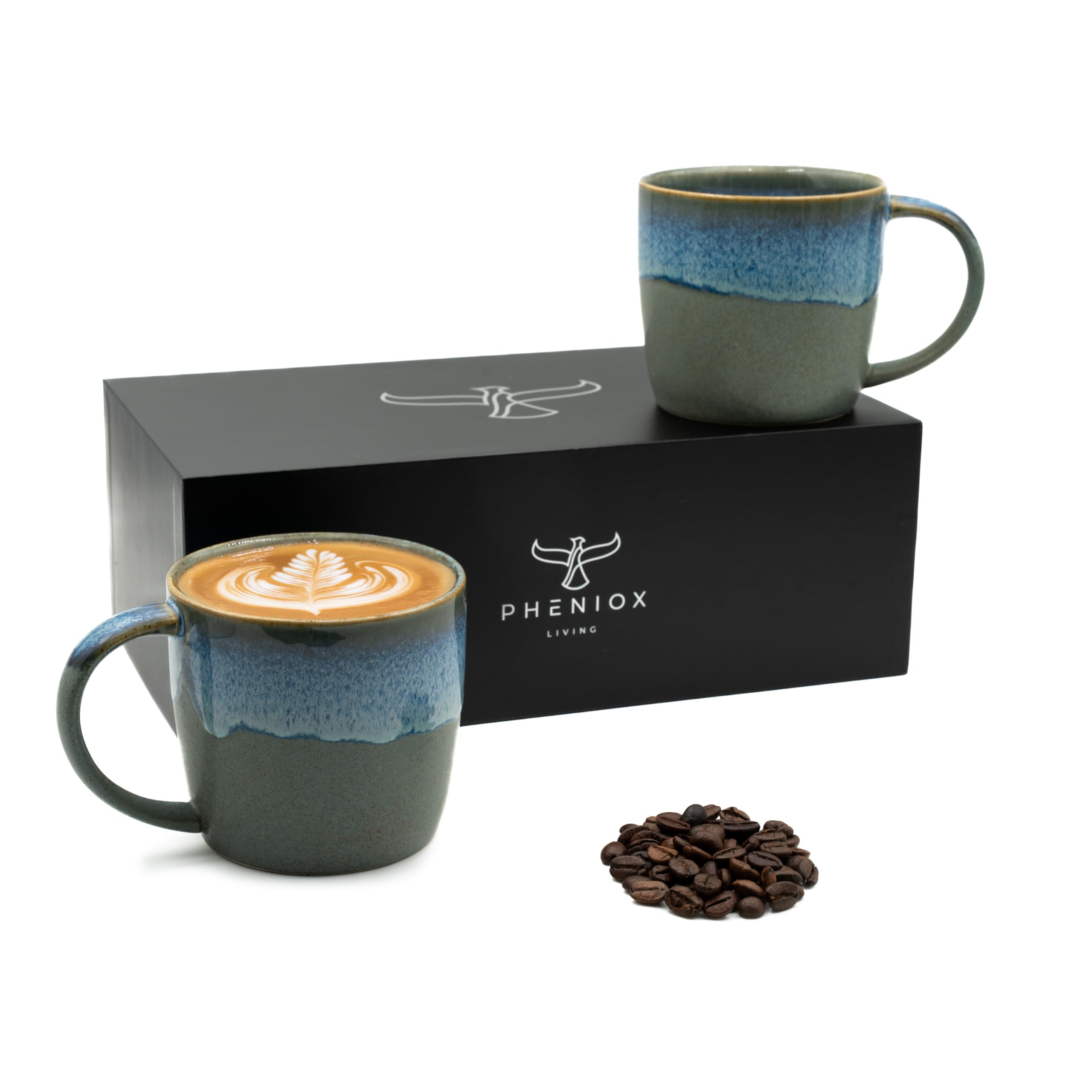 Pheniox Cappucino zestaw filiżanek Ocean, 2 x 350 ml, kamionka, z uchwytem, nadają się do mycia w zmywarce i używania w kuchence mikrofalowej, pudełko prezentowe