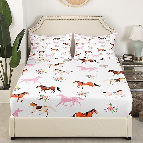 Miniatura 3 de Manfei Bonita sábana bajera ajustable de caballo tamaño Queen, funda de cama floral de acuarela con 2 fundas de almohada, juego de ropa de cama de