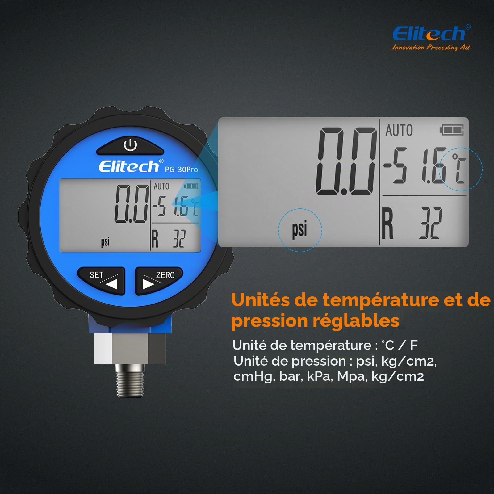 Elitech PG-30Pro Manomètre Numérique Réfrigérant avec Rétroéclairage, Manifold Gauge Pour 87+ Réfrigérants 0-500 PSI 1/8 NPT