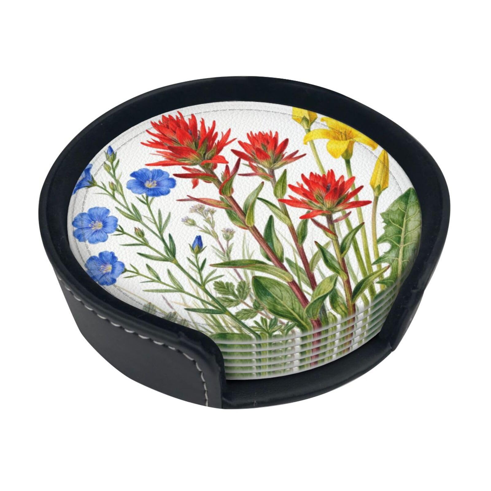 Cntdbu White Wildflower World Leather Coasters Set Of 6-Pu Leather Drink Mats For Table, Heat Resistant Round Coasters With Holder