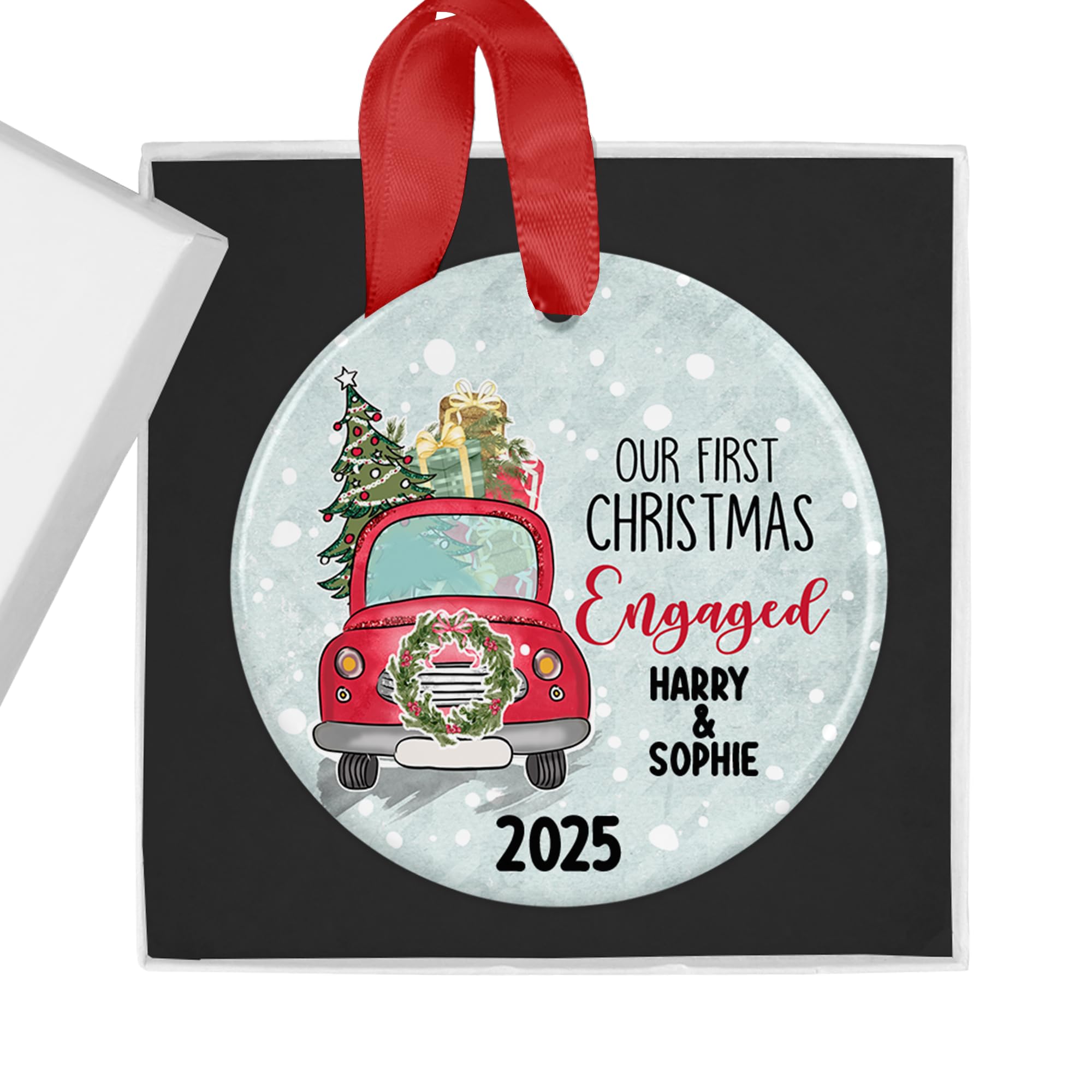 Personalised 'Our First Christmas Engaged' Bauble - Ceramic Round 7 cm with Ribbon & Gift Box - Add Names and Optional Year