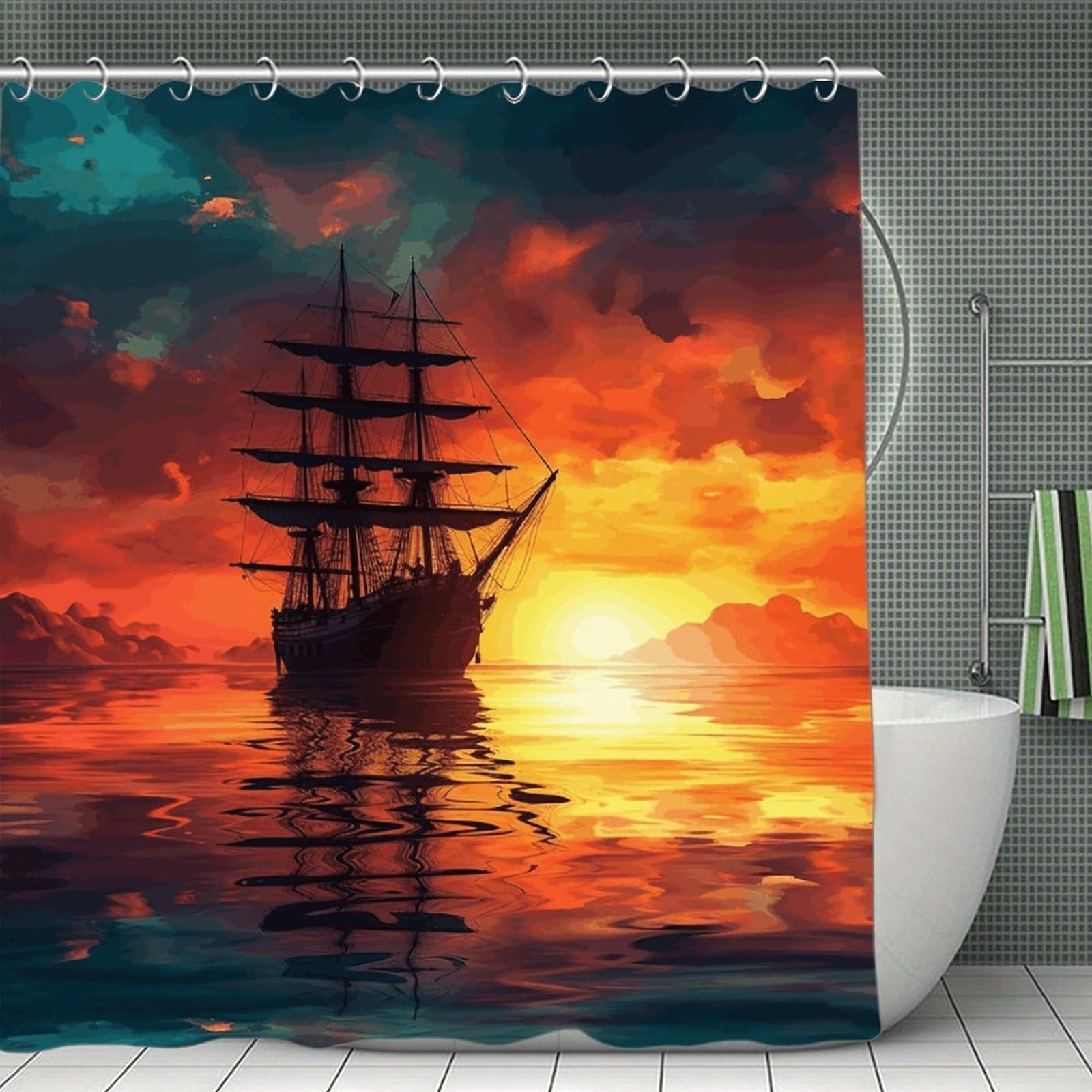 QMNLKH A Sailing Boat on The Water Shower Curtain with Hooks, Waterproof Bath Curtains for Bathroom, Lightweight Bath Curtains Liner for Hotel, Personalized Bath Curtain for Spa, 70.8 Inch