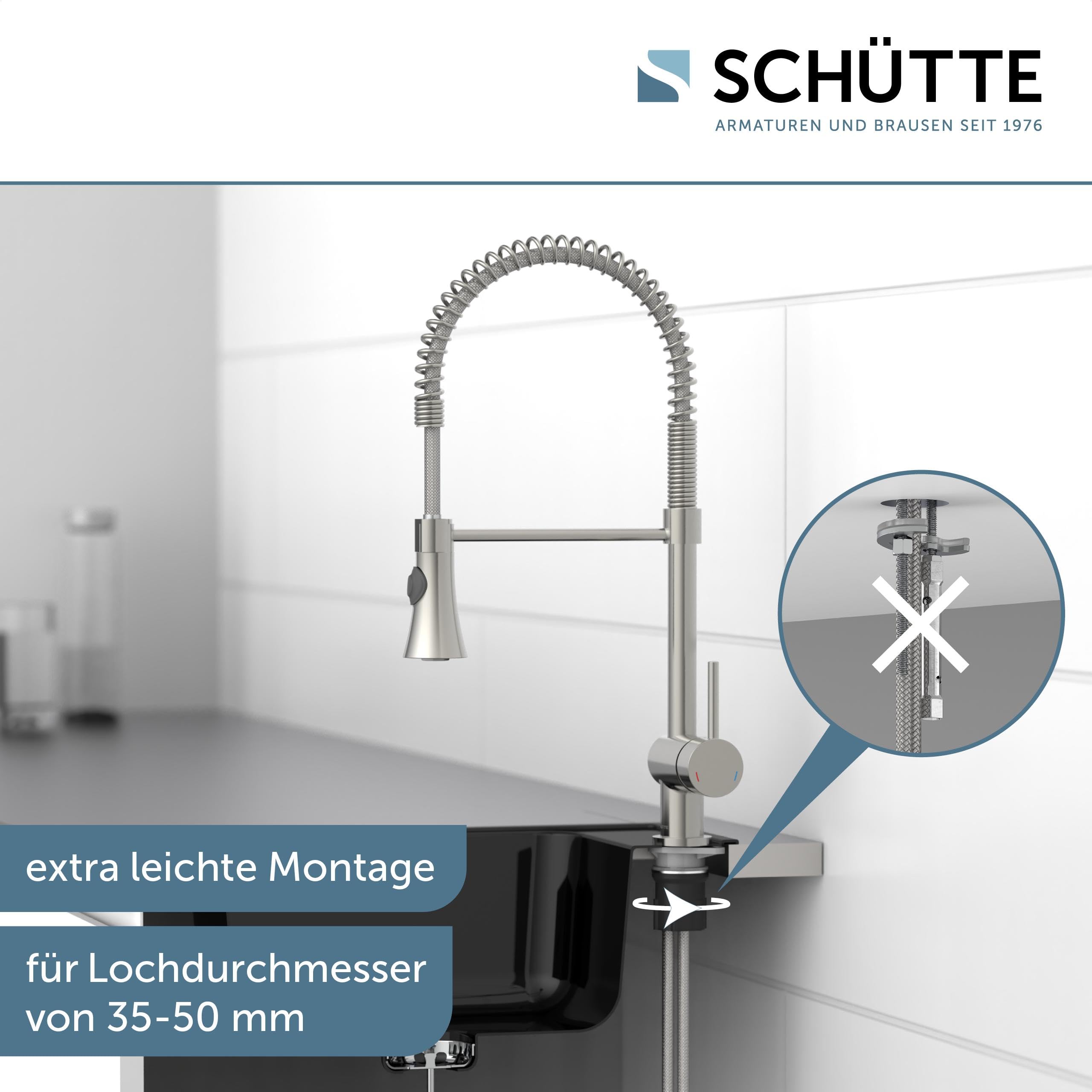 SCHÜTTE 79155 CORNWALL Küchenarmatur, Einhebelmischer mit ausziehbarer Geschirrbrause, 360 Grad schwenkbare Spültischarmatur, Spiralfeder Mischbatterie für die Spüle, Wasserhahn Küche, Edelstahloptik