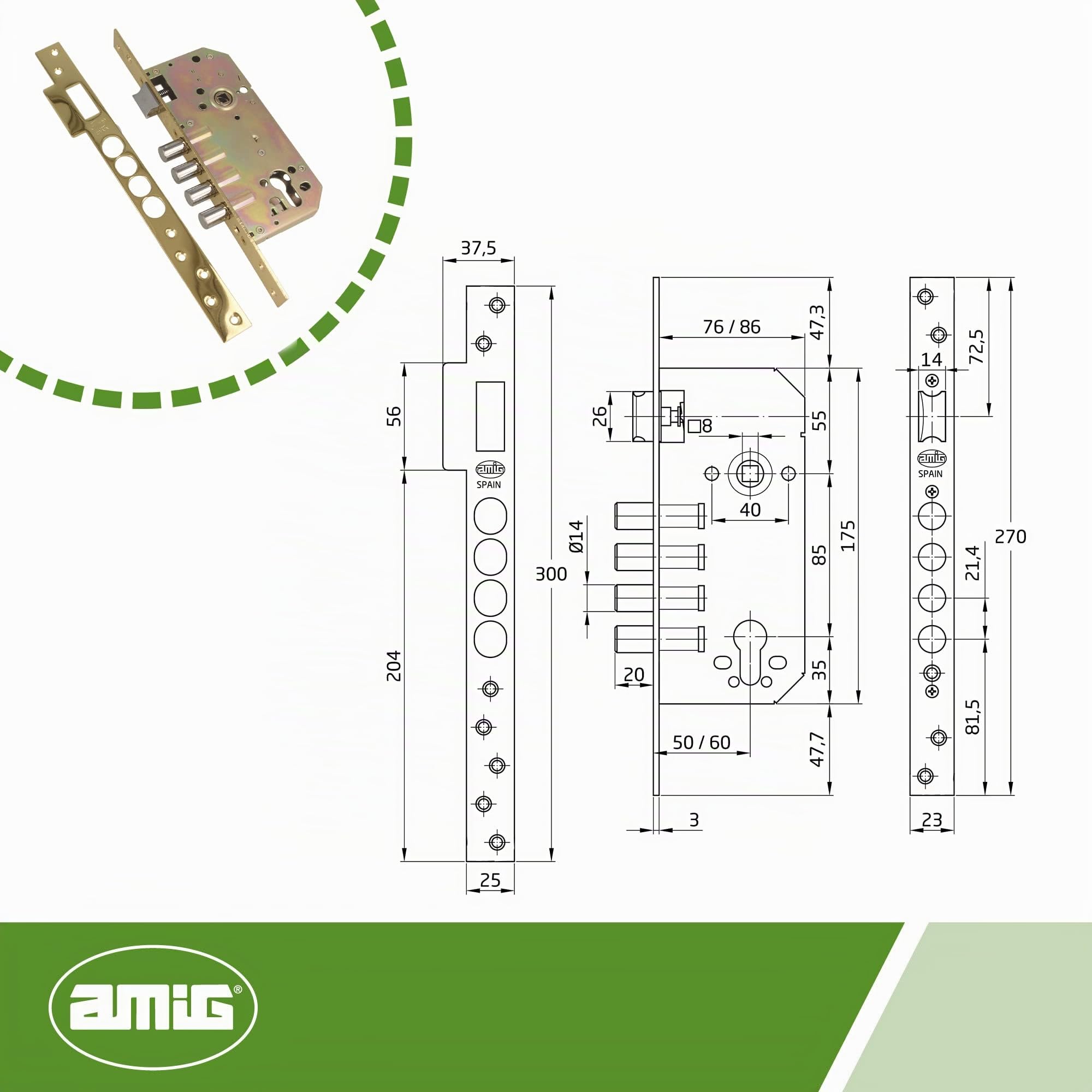 Amig - Cerradura de Embutir Con Bulones para Puertas de Madera Mod. 100-50/85 mm - Con Cilindro y Escudo de Seguridad - Picaporte Reversible - Acero Latonado Barnizado