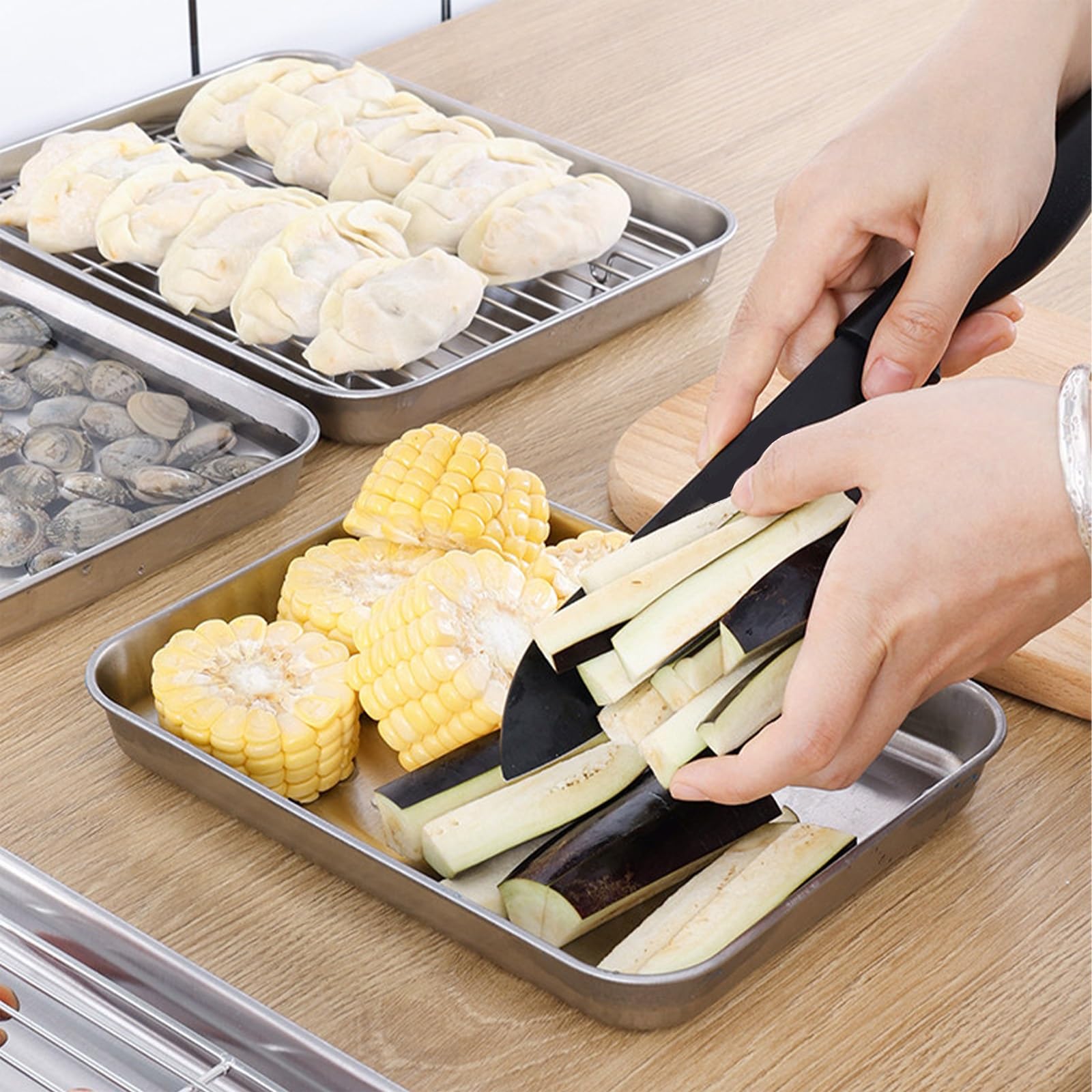 Bandejas de acero inoxidable para hornear con rejilla de alambre, perfectas para drenar aceite, cocinar albóndigas al vapor y descongelar mariscos, bandeja de metal duradera para cocinar de forma