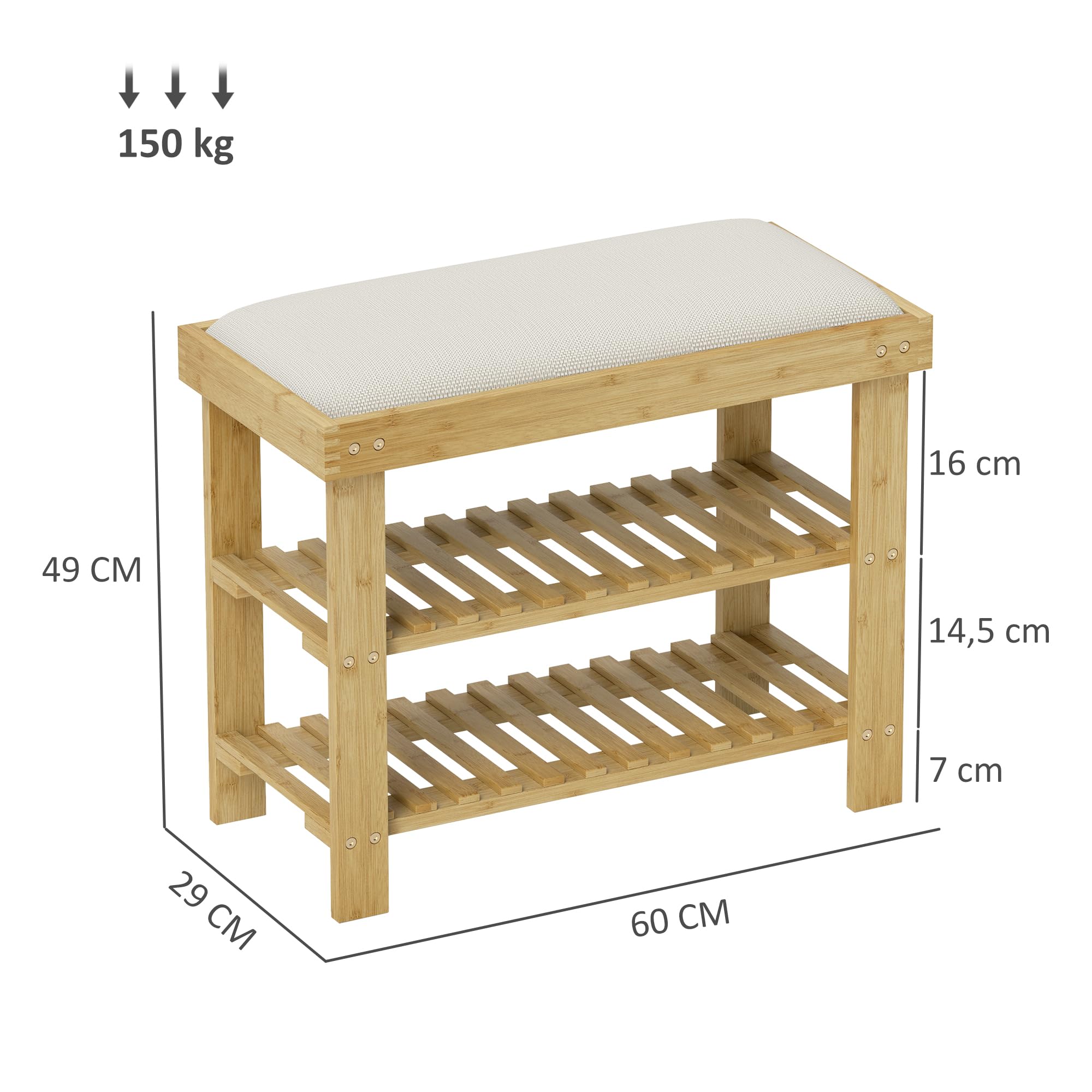 HOMCOM Banc à Chaussures en Bambou 60 x 29 x 49 cm, Crème et Bois Naturel | Étagère à Chaussures à 3 Niveaux, Style Scandinave, Banc de Rangement, pour Entrée, Salon, Chambre, Charge 150 Kg