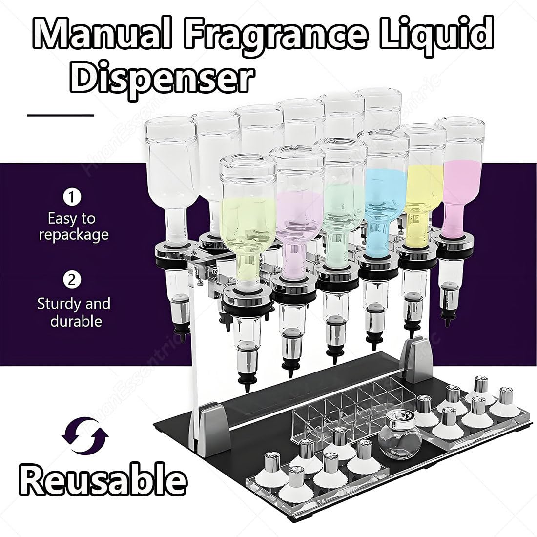 Dispenser manuale di profumo con flusso regolabile, 6 teste a pompa e bottiglie di vetro da 200 ml per negozio, bar, esposizione studio