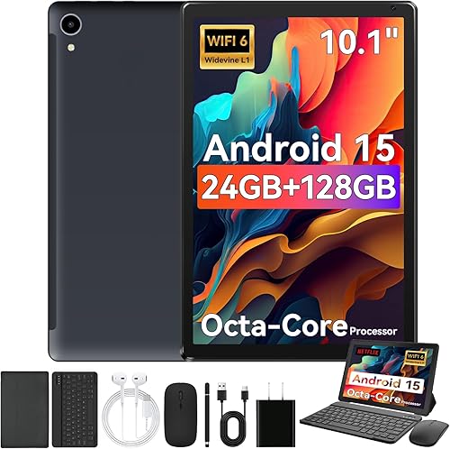 Tablet, tableta Android 15 de 10.1 pulgadas con procesador Octa-core 24GB RAM 128GB ROM HD IPS pantalla táctil 8H batería, Wi-Fi 6, BT 5.0, cámara