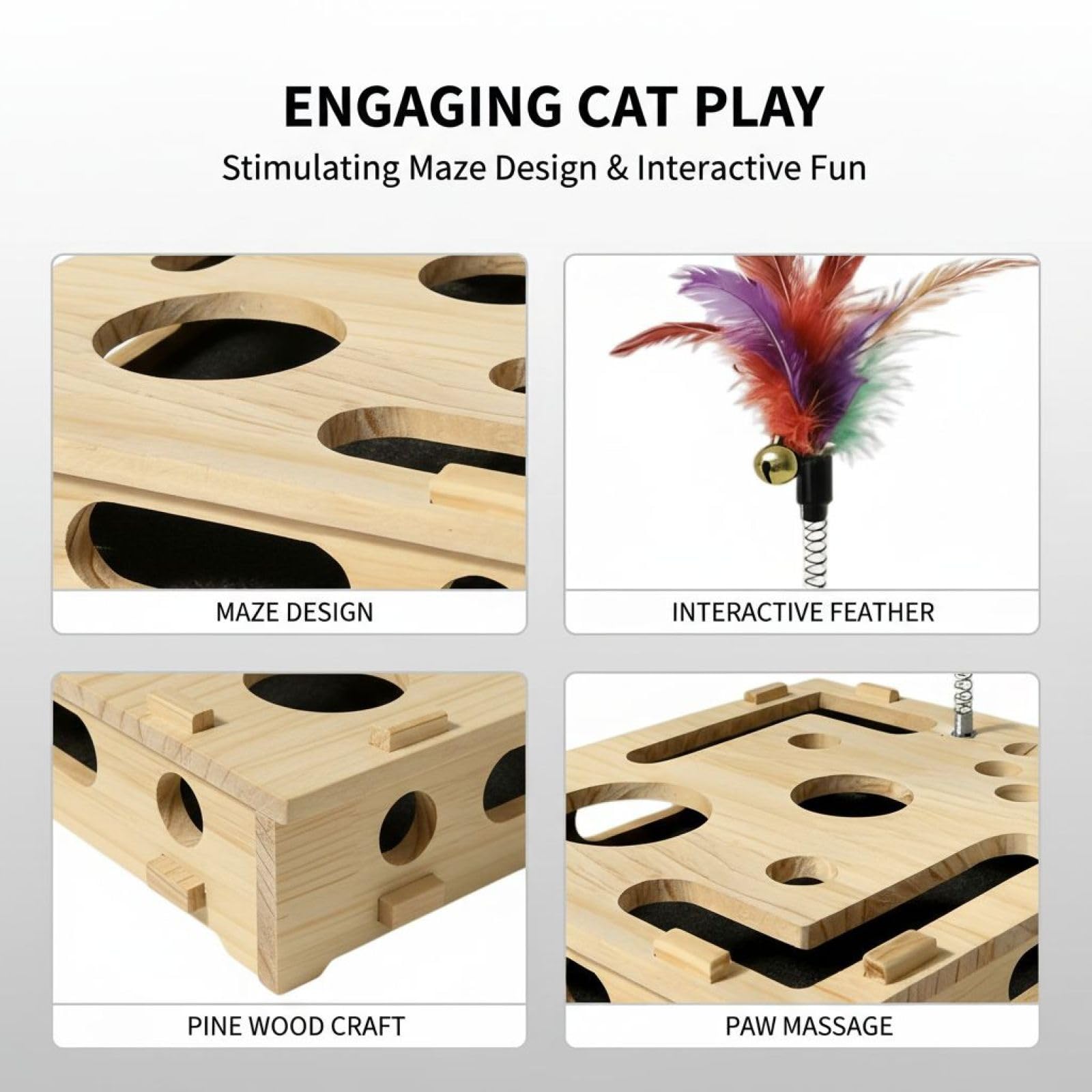 Generisch Holz-Katzen-Spielzeugkiste, mit Federangel und 3 Rasselbällen, Labyrinth-Design Kratz-Puzzle, seitliche Öffnungen, interaktives Spiel, gegen Langeweile, Pfotenmassage, 29,5 x 25 x 7 cm