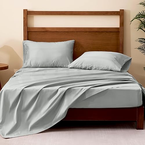 Miniatura 8 de Pure Cotton Sábanas  Juego de sábanas de 4 piezas, ligero y transpirable, tamaño King, ropa de cama de lujo con rayas de satén Dobby con sábana