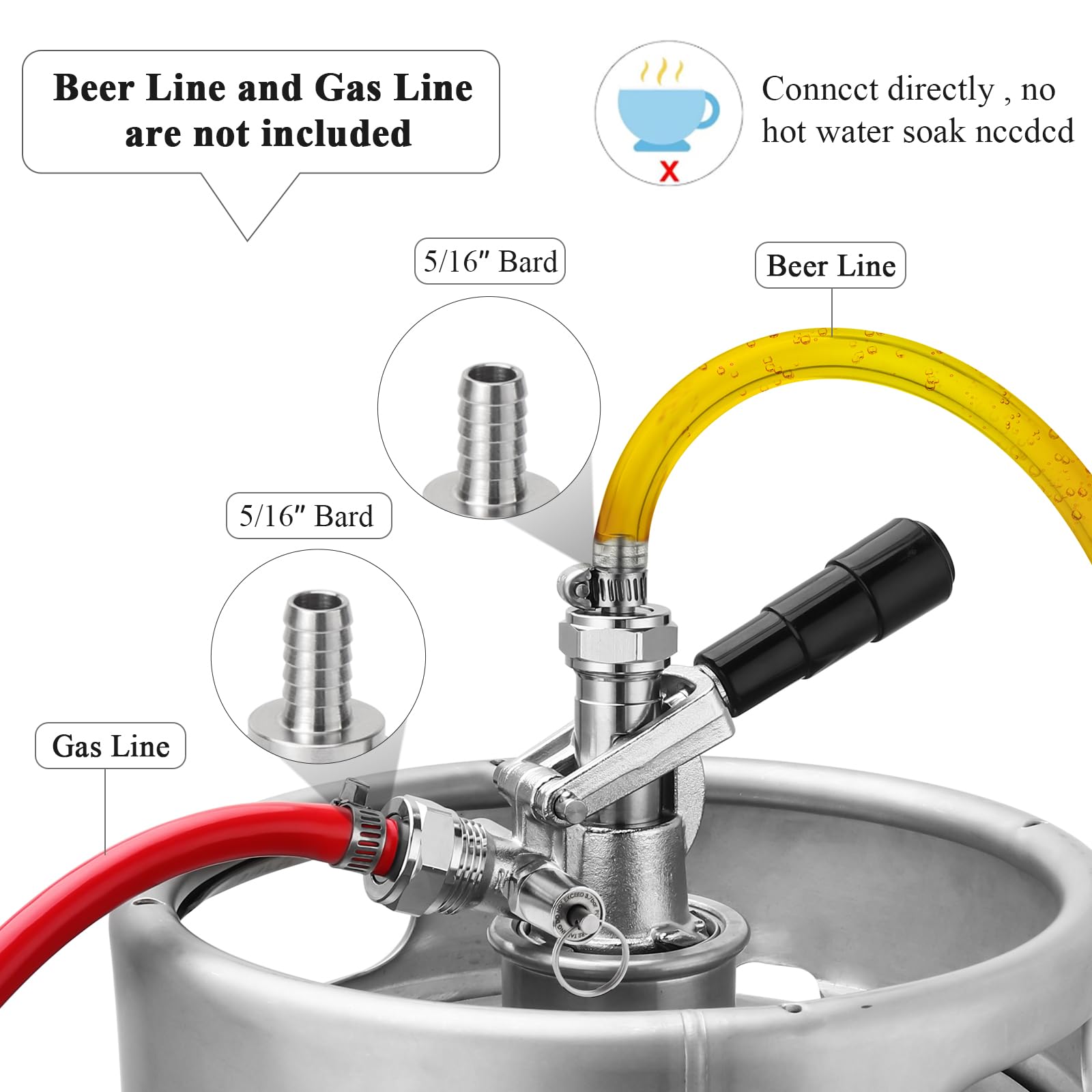 Acoplador de barril de acero inoxidable 304 Sankey Keg Acoplador de barril sistema D para Kegerator 5/16 púas G5/8 tuercas US Sanke D Acoplador de cerveza con válvula de retención, arandela de