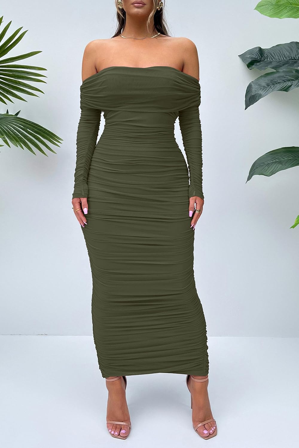 PRETTYGARDEN Off The Shoulder Maxi Dress, Ruched - Image 4