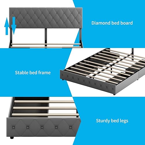 Miniatura 5 de Mjkone Base de cama tapizada con 4 cajones de almacenamiento, marcos de cama Queen de piel sintética con cabecera ajustable, diseño capitoné con