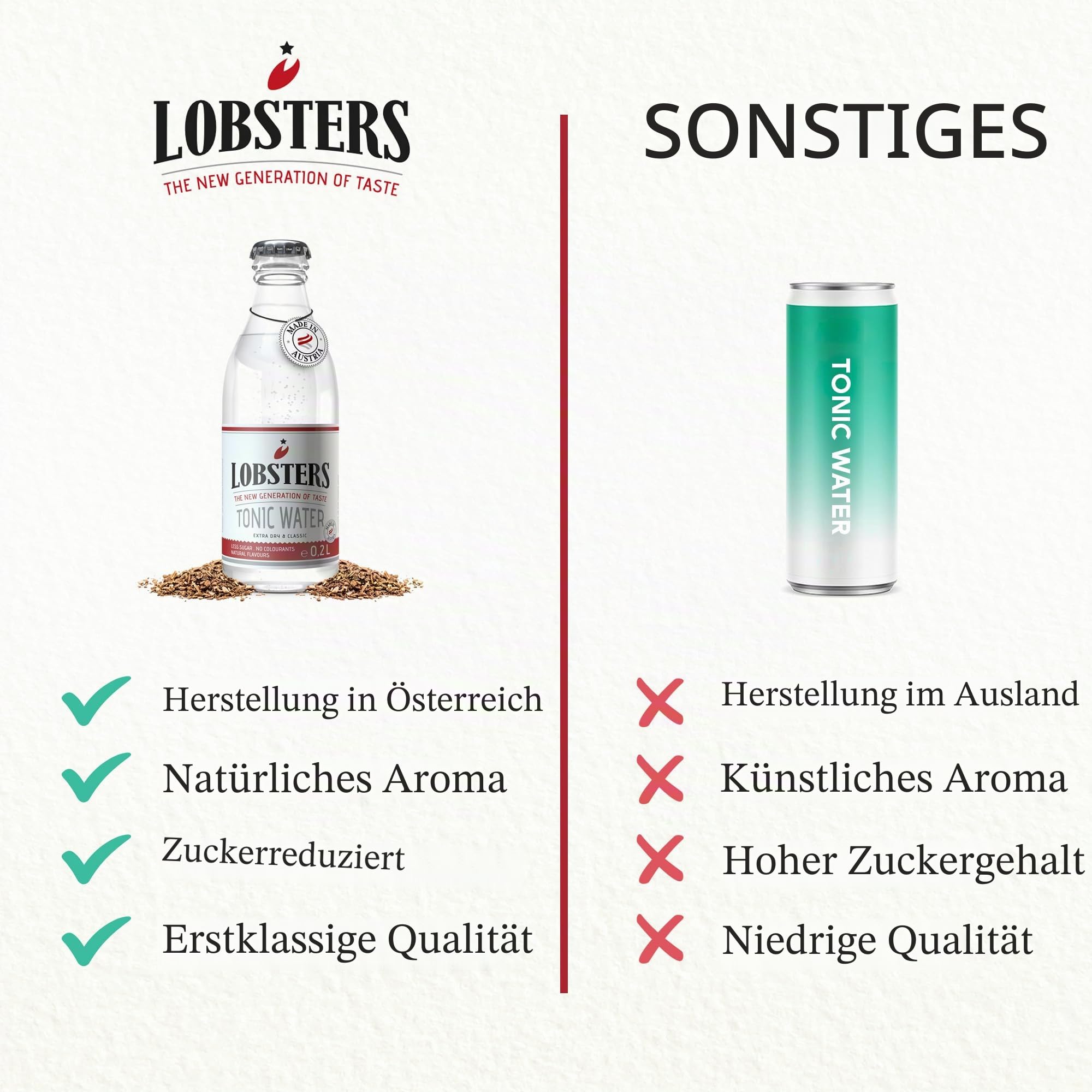 Lobsters - Tonic Water - 24 x 0,2l - Extra Dry and Classic - Erfrischend mit subtiler Bitterkeit durch Chinin, Made in Austria, Zuckerreduziert & ohne Farbstoffe, Perfekt für cocktail mix, Gin Tonic