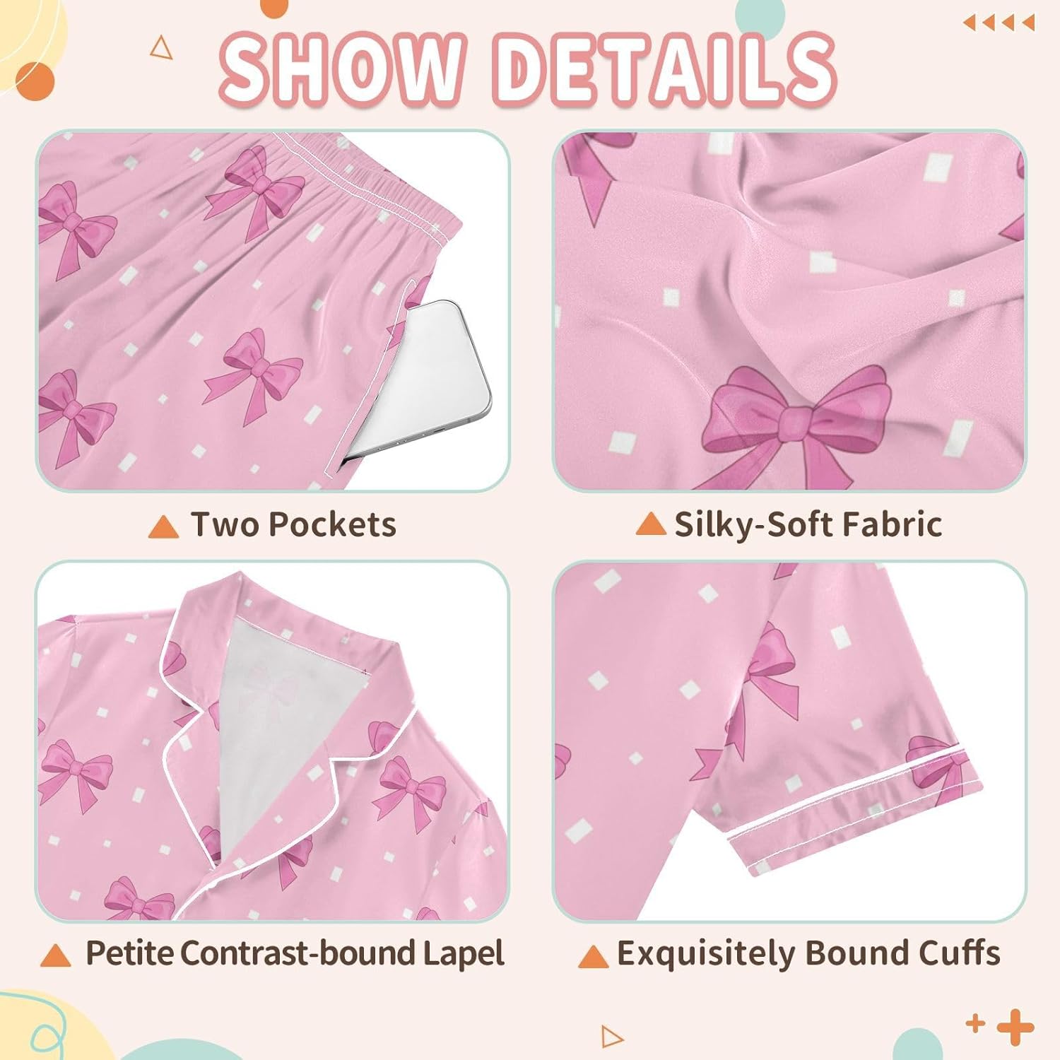 Pink Bow 2 Piece Pjs Set Purple Satin Pajamas Clothes for Daily Wears - Image 6