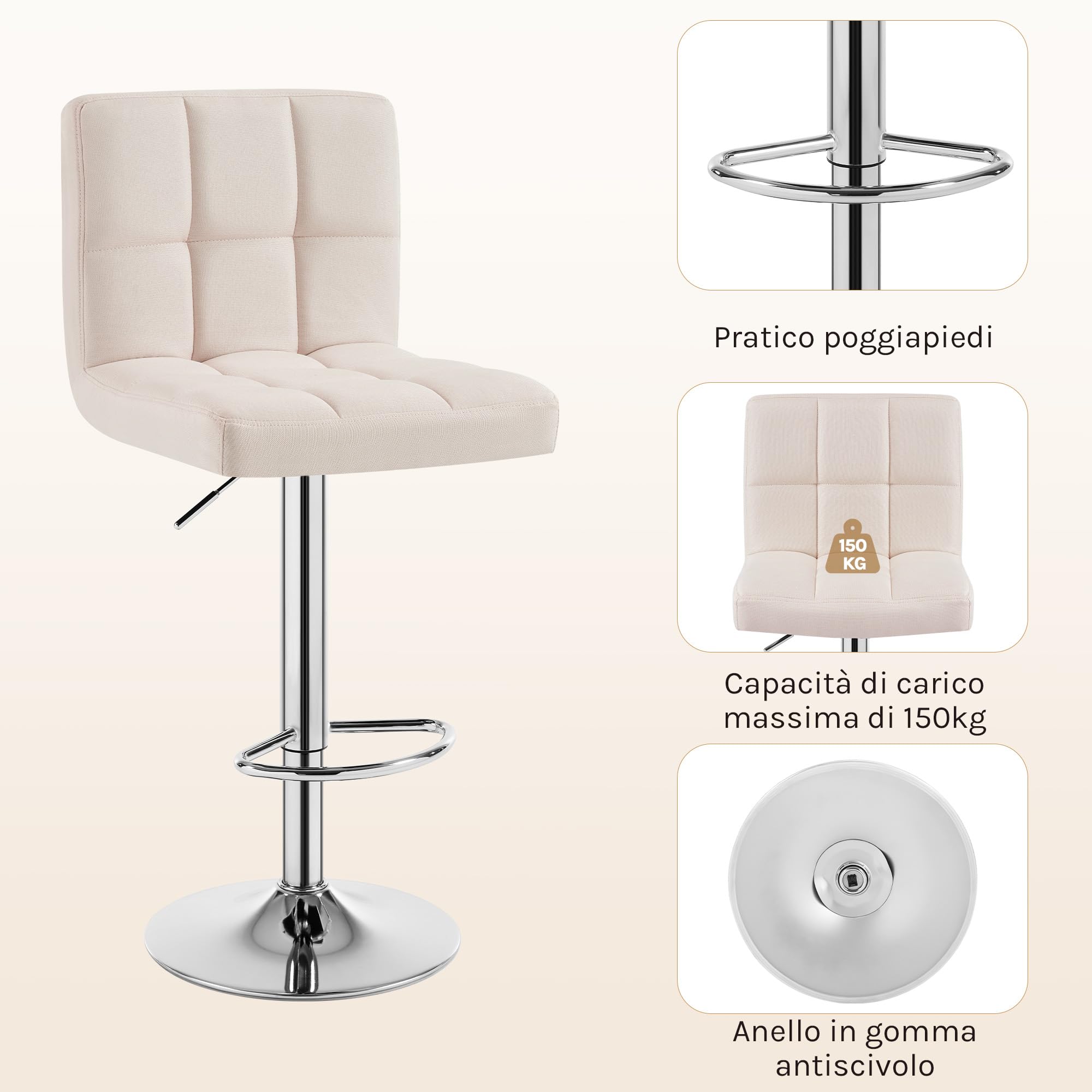 WOLTU Coppia Sgabelli da Bar, Sedia Alta Cucina con Schienale e Poggiapiedi, Moderni Design Sgabello Altezza Regolabile e Girevole, per penisola cucina, Bancone, Tessuto di Lino, Crema
