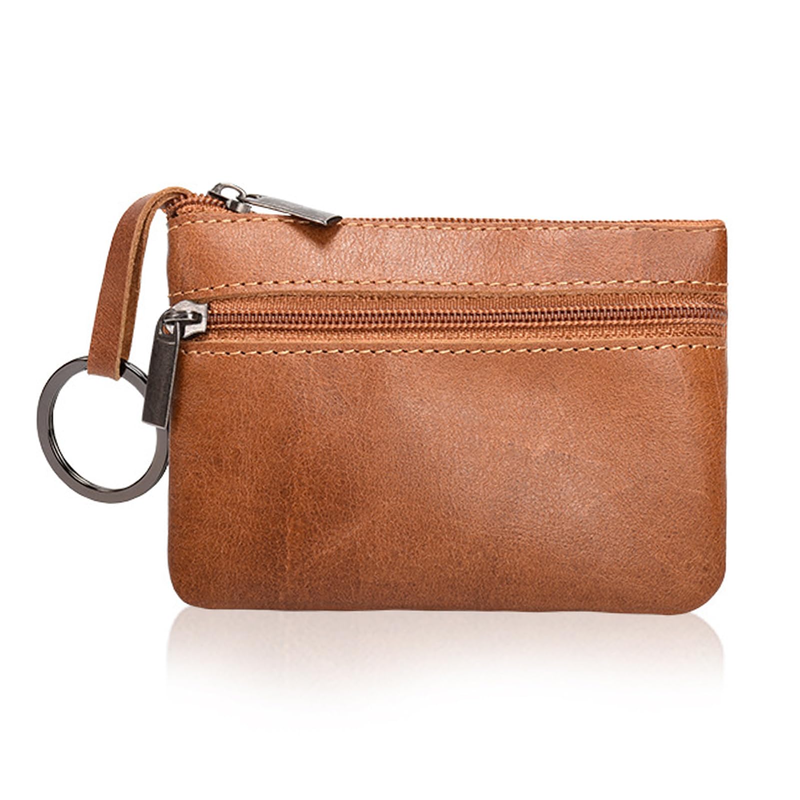 TWOBUDLeather Mens Tray Purses Coin Purse Mini Pouch Cash Change Wallet Key Holder with Zipper Pockets Money Pouch Tray Purse Gifts for Men Dad Father (Brown)