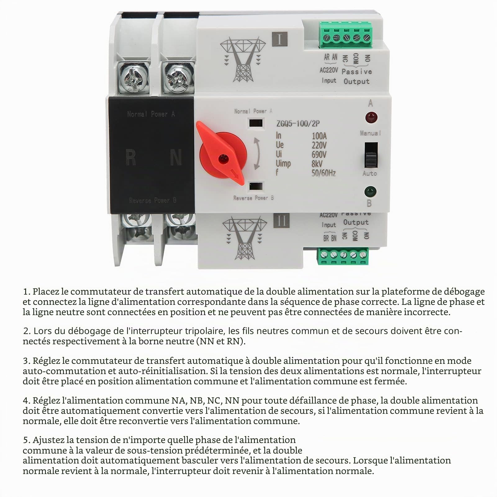 Commutateur de Transfert Automatique ZGQ5-100 2P, Contrôleur de Commutateur sans Interruption de Commutateur de Transfert Automatique à Double Alimentation, pour Commutateur de Transfert Double Généra